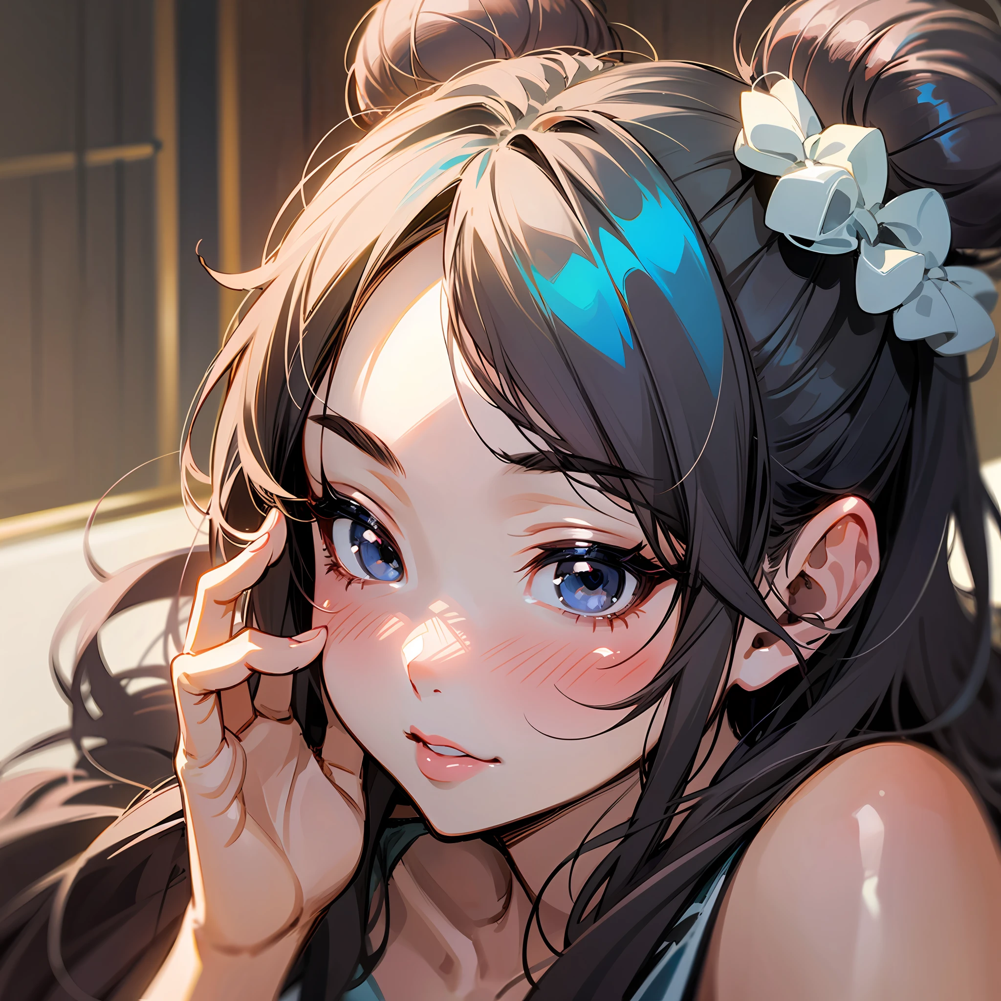 Beautiful young girl with two buns in her hair, Putting finger on lip, facial focus, embarrassing, black eyes, full breasts, beautiful, cute, and desirable, anime style --auto --s2