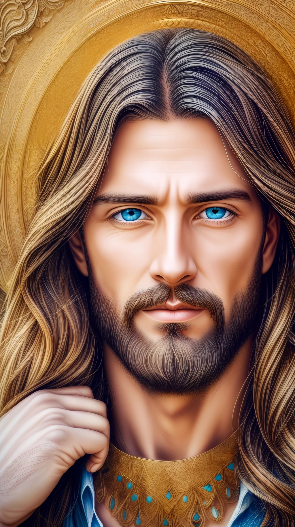 Portrait of a handsome man, Jesus Christ, real blue eyes, sunny day, intricate details.