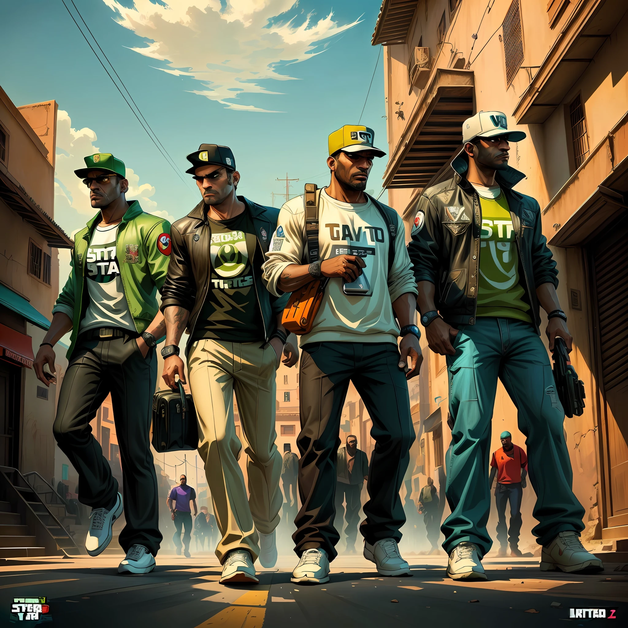 Image of a group of Moroccan men walking down a street in Marrakech, les mains dans les poches, Dressed in Super Mario T-shirts , 2D Game Art GTA Cover, 2 D Game Art GTA Cover, Style artistique GTA, Grand Theft Auto Style, Style artistique GTA, Style de GTA V, 2D Game Art GTA5 Cover, Affiche du jeu, Style GTA, style of gta v artworks, Couverture GTA, gta loading screen art
