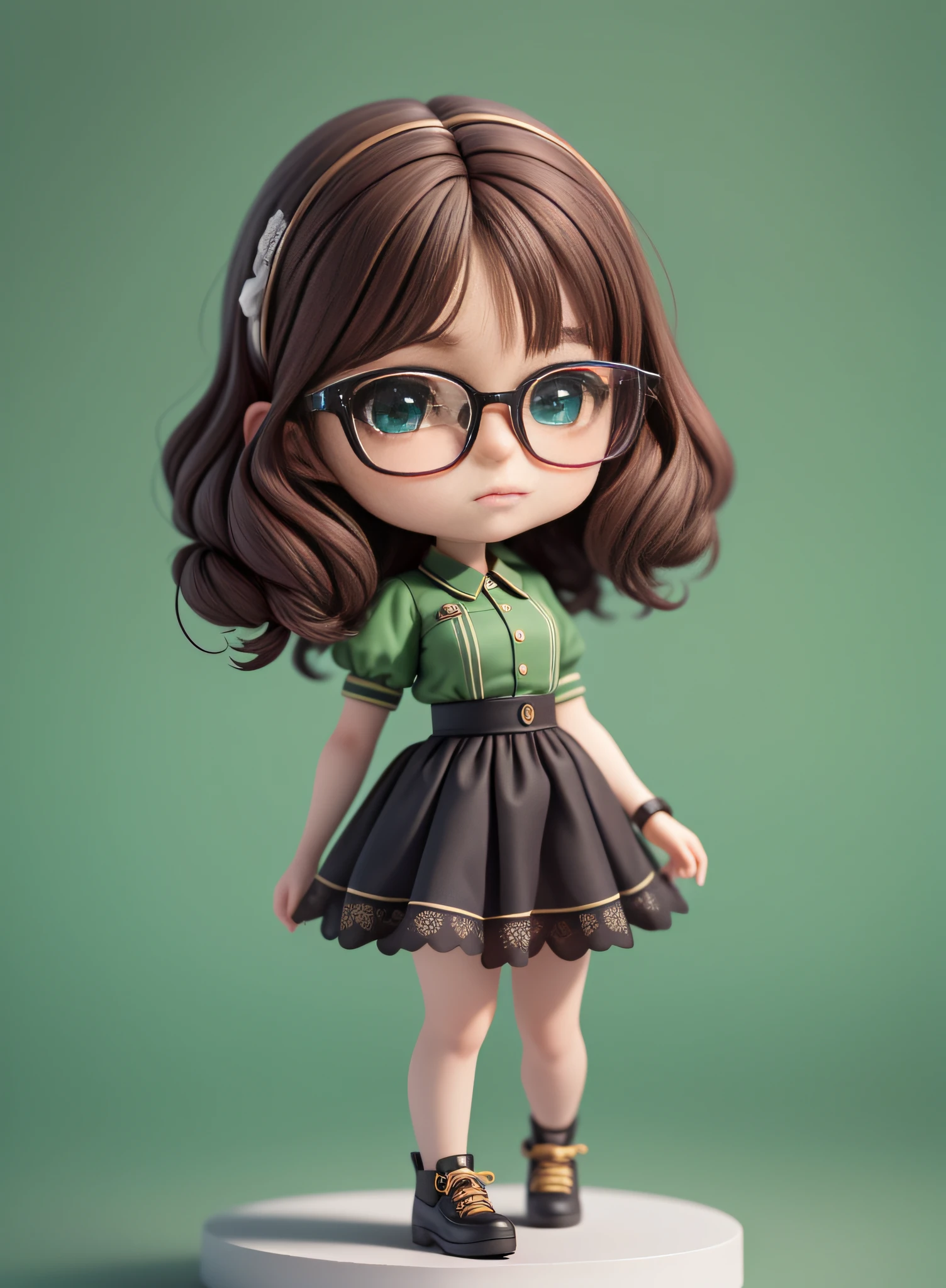 (Masterpiece), (Extreme Quality), (Ultra Detailed), (Full Body: 1.3), 1 Girl, (Chibi: 1.2), Cute, Black-brown hair, Wearing a green shirt, Black-framed glasses, Thin large round glasses, Wearing square glasses, (Beautiful delicate face), (Beautiful detailed eyes),