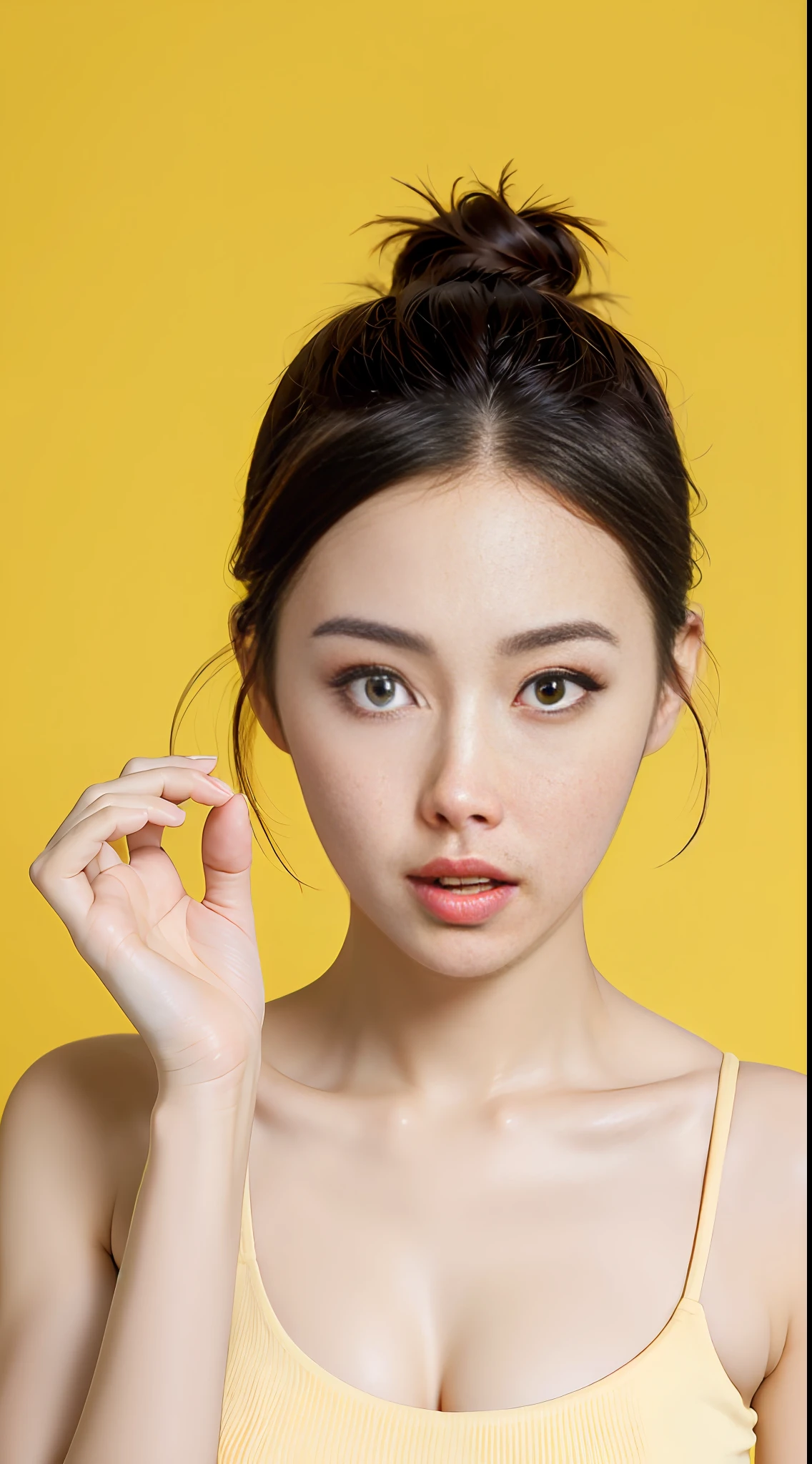 ((Best Picture Quality, 8K, The Masterpiece:1.3)), 1girls, Beautiful woman with slender abs:1.3, (Hairstyle in a ponytail bun, Gigantic big tits:1.2), Light yellow dress:1.1, Ultra-fine face, detailed eye, Double eyelid，Beautiful movie light effect in front of yellow background，deep of field，Large aperture，The expression is shy，Flattering，Lovely，erogenous，Sexy lips，Pout，Model posing action，model poses，full full body，Good hand feeling