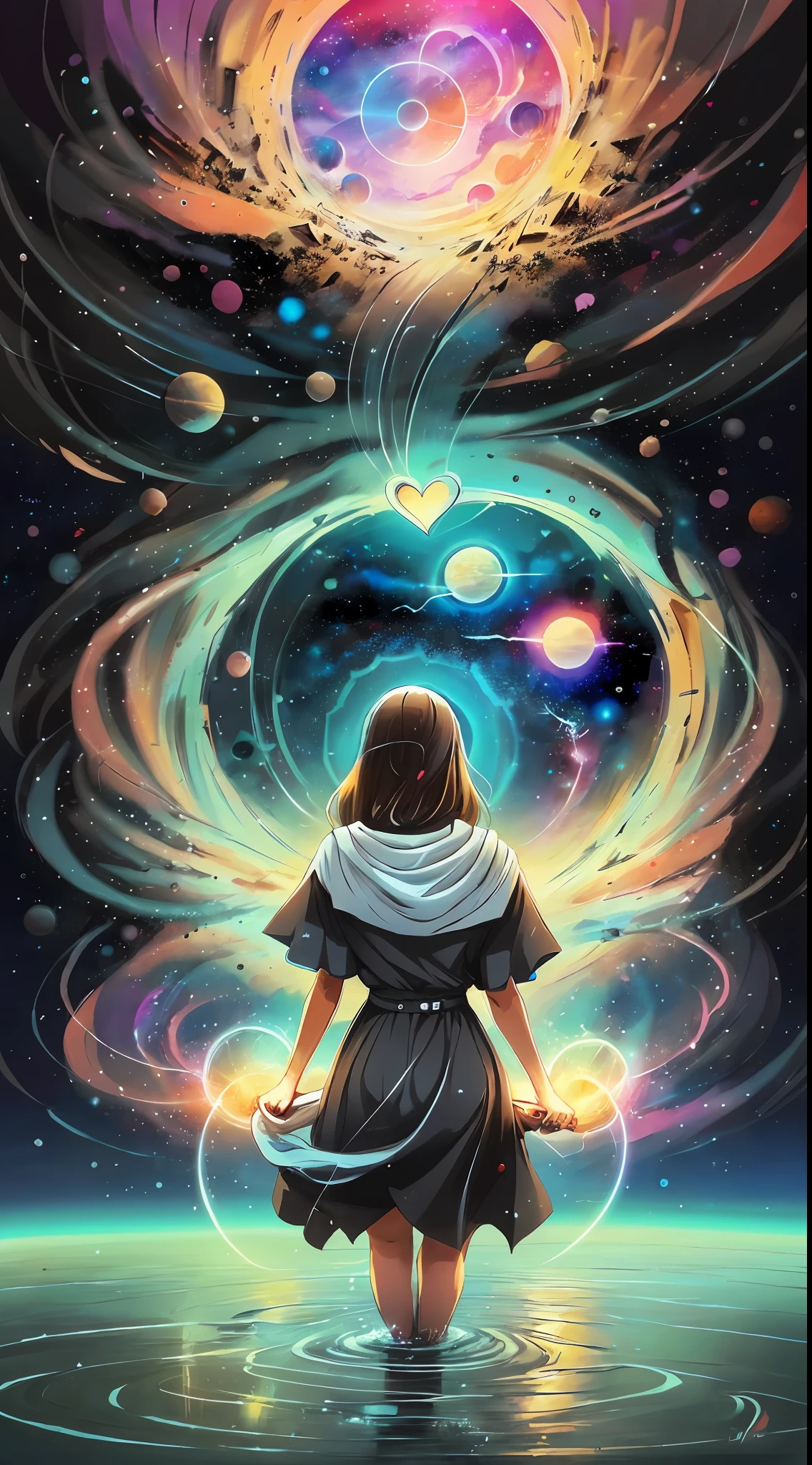 Angel Girl, Love, heart, standing in front of a space portal overlooking the pink sun, Cyril Rolando and Goro Fujita, A portal to another universe, inspired by Cyril Rolando, Portal to another dimension, world, visible only through the portal, high quality fantasy stock photo, Portal to another world, Portal to outer space, in the style of Cyril Rolando, Looking into space, universe, Magical Galactic Portal, The Cycle of the Stars, God, River, mountain, top