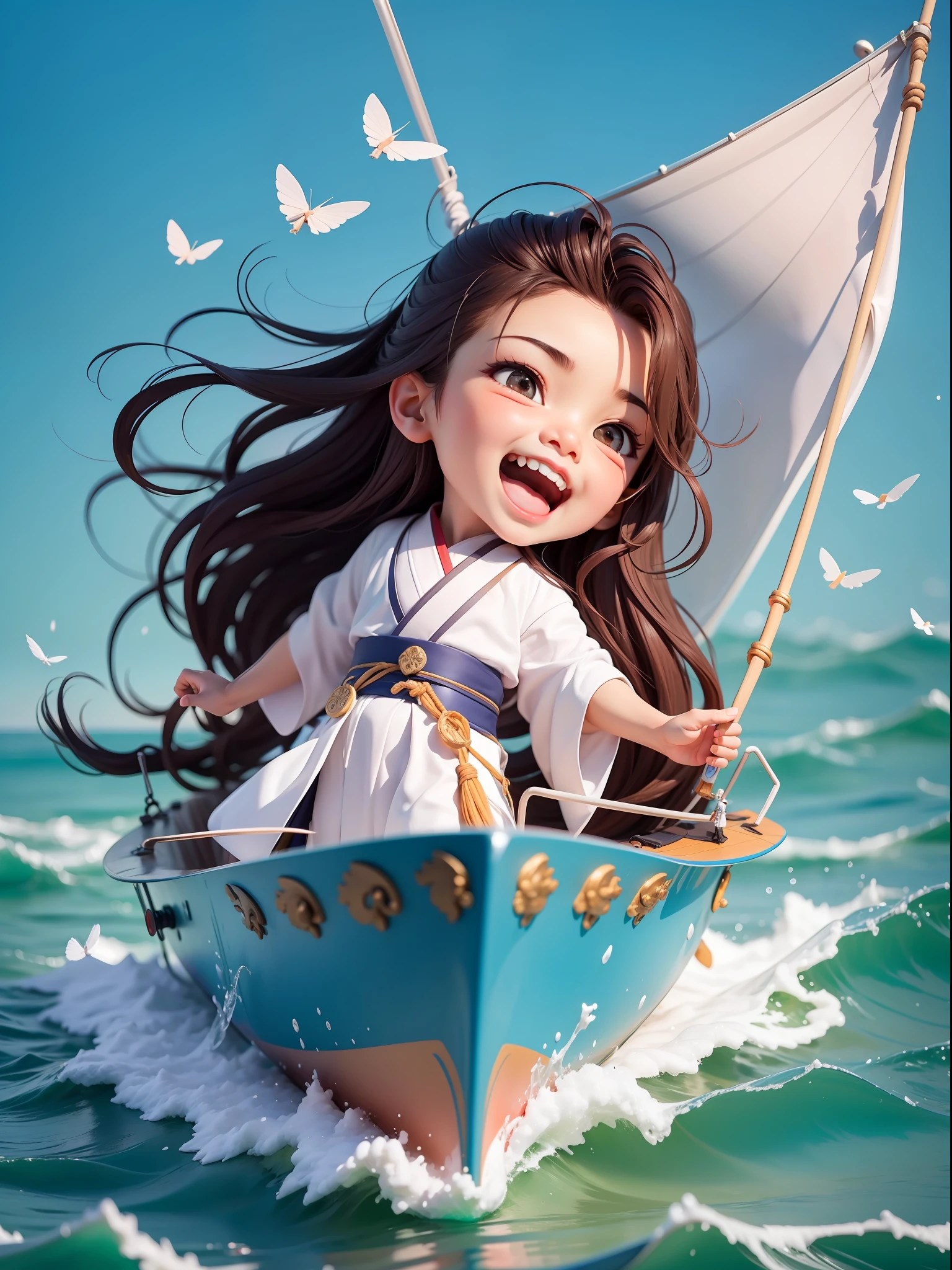 chibi，1boys：1.3，A twenty-year-old muscular man surfs on a sailboat at sea，sailing ship：1.3，Blue sea：1.3，black  long hair，White clothes fluttering，Hanfu，Open your mouth and laugh