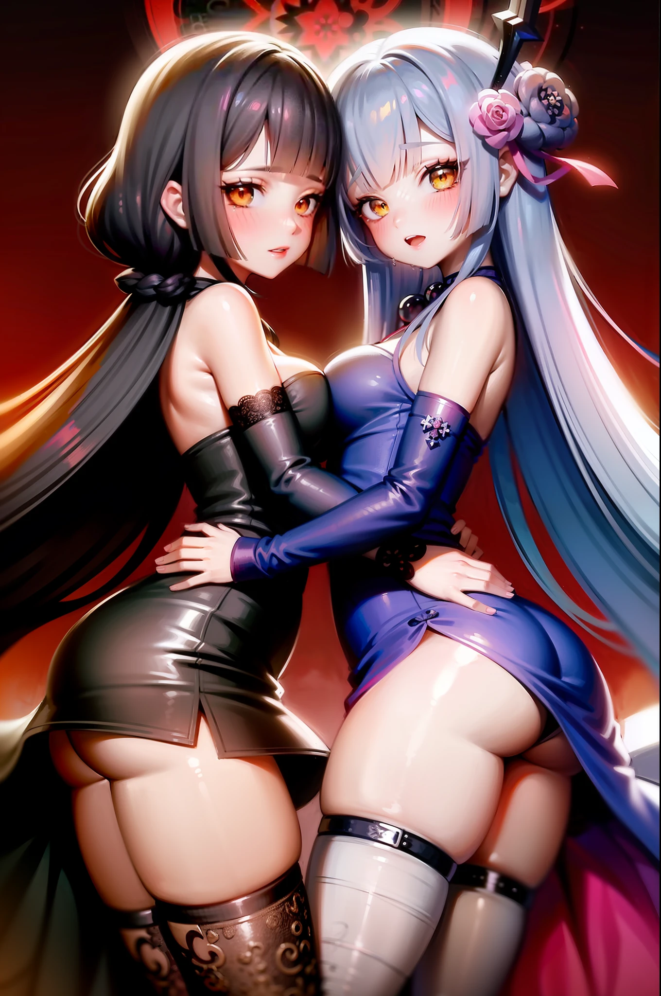 two anime girls hugging each other in front of a red background, Estilo Anime Ecchi, duas lindas garotas de anime, Estilo Ecchi, em estilo anime, garotas de anime, Duas s, ( ( Massa Amane # ) ), em estilo anime, lesbian art, no estilo de arte do anime 8 0 s, Fanart de alta qualidade, Estilo anime dos anos 90