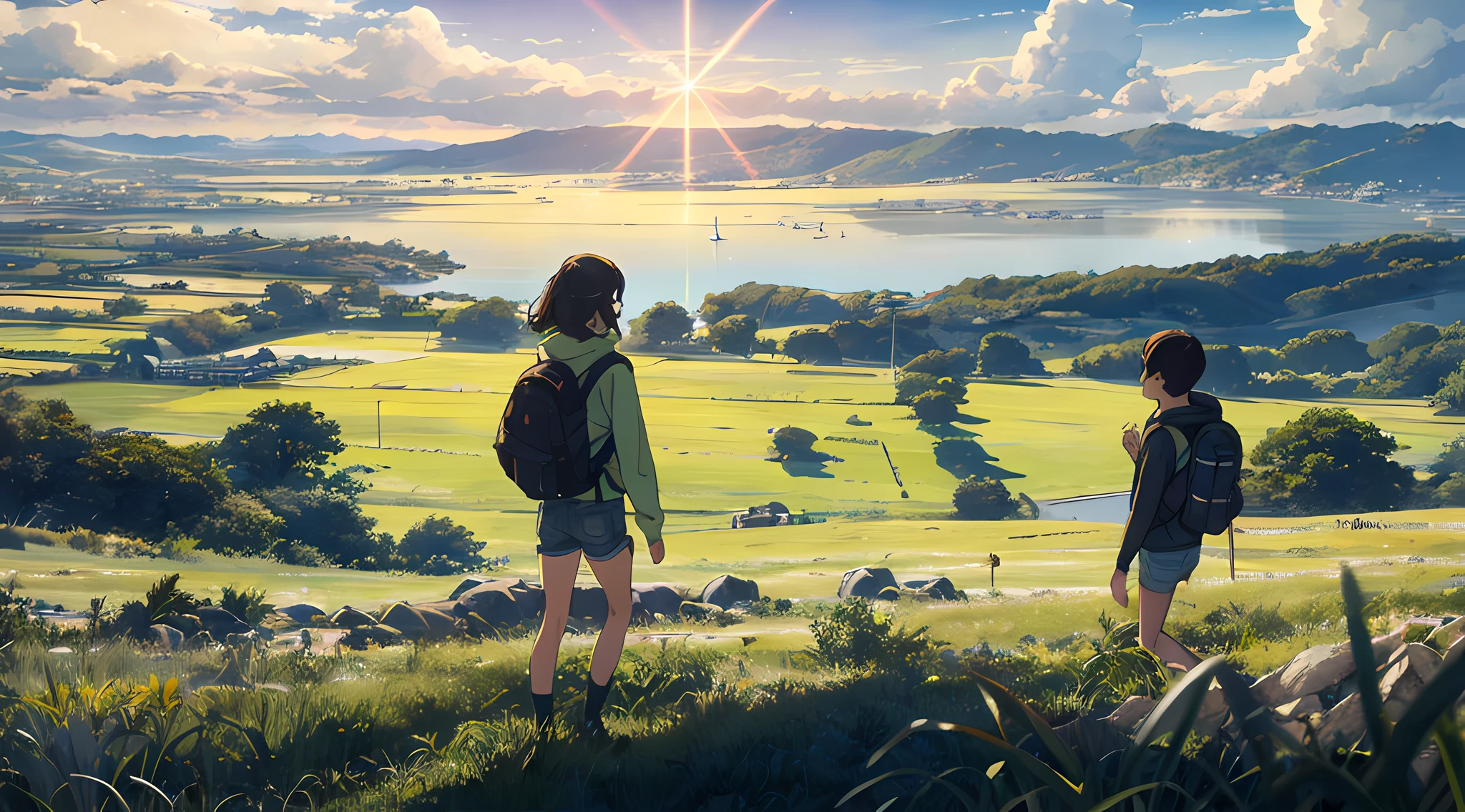 The vast sky, beautiful skyline, large grasslands, extremely tense and dramatic pictures, moving visual effects, the high-hanging Polaris, and colorful natural light. Long-sleeved top, denim shorts, and a girl with a backpack.