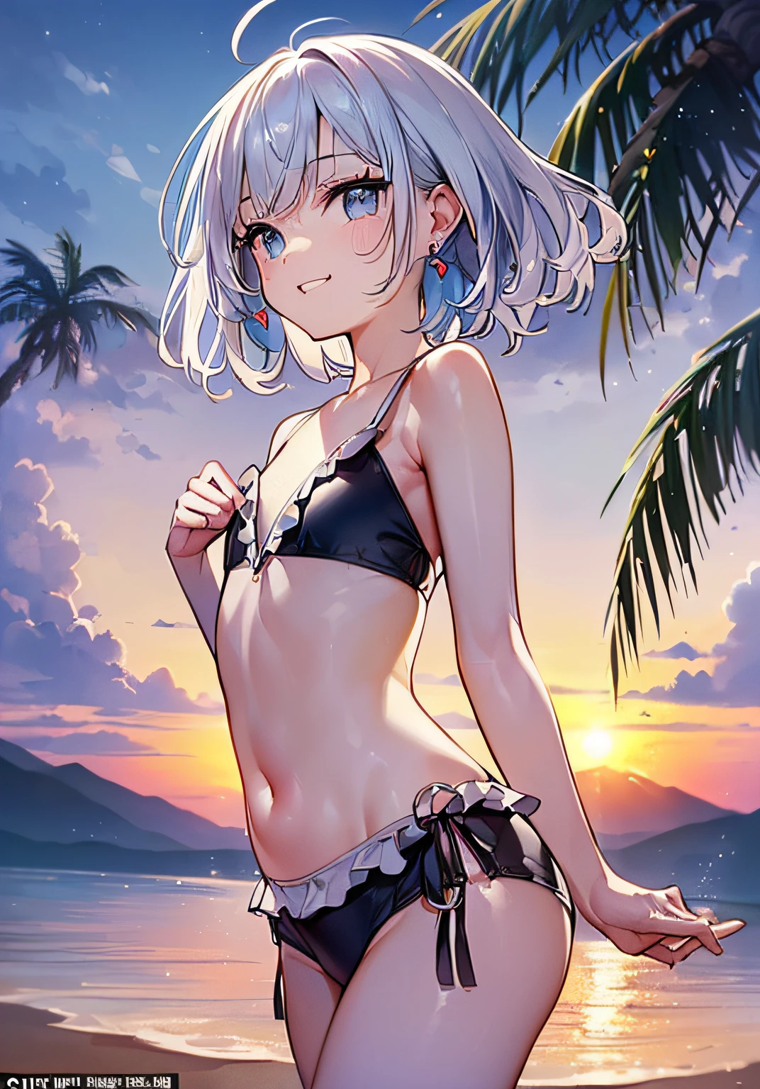 (((Masterpiece)), (((Highest Quality)), (((Very delicate and beautiful)), (Highly detailed CG Unity 8K wallpaper: 1.3), Very delicate light, (Backlight), (Steampunk),

/=、
(Cowboy Body)), (1 Loli: 1.3), Solo, (Petite), (Small), White Swimsuit, High Waist Shorts, White Hair, Blue Eyes, Earrings, (Wavy Curly Short Hair), (Ahoge), (Cute Face: 1.114), (Fine Eyes: 1.15), (Cute Face: 1.114)
, (beautiful fine eyes and beautiful face: 1.15),
The girl is smiling and looks happy in a beautiful tropical landscape. Behind her, the sun is setting, casting a warm glow on the scene, creating a dreamy atmosphere. In the distance, palm trees sway in the breeze, creating a leisurely retro atmosphere, such as sand, sun, beach, sea, horizon, etc.

Highly detailed ray tracing