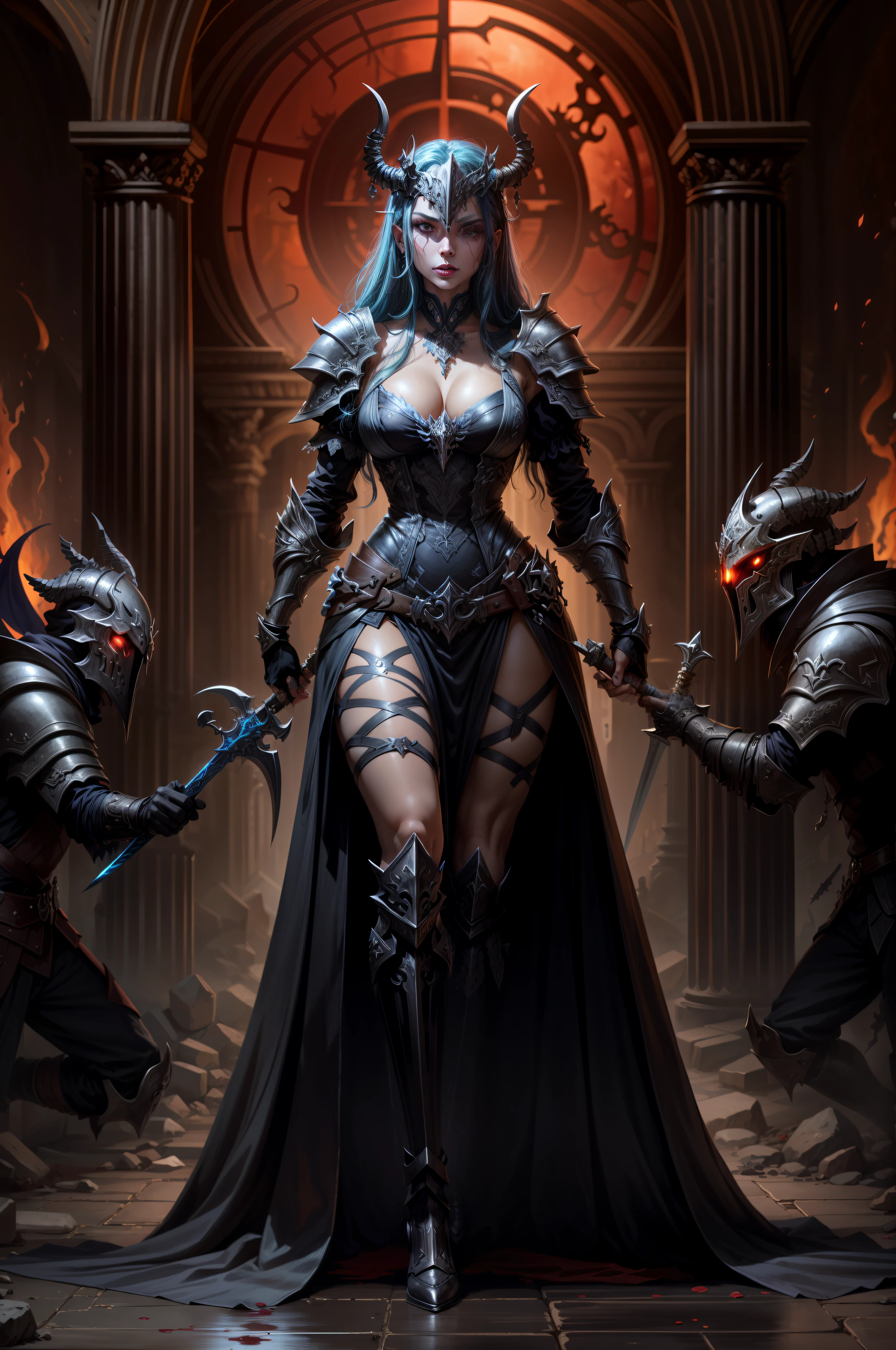 arafed image of a demonic woman with a sword and a demon mask, dark fantasy style art, diablo digital concept art, dark fantasy concept art, diablo concept art, blood knight, dark concept art, dark fantasy artwork, dark fantasy character design, dark fantasy art, epic fantasy digital art style, dark soul armor concept, dark armor, dark soul concept, sexy, lewd, evil goddess, beautifully blend in colours