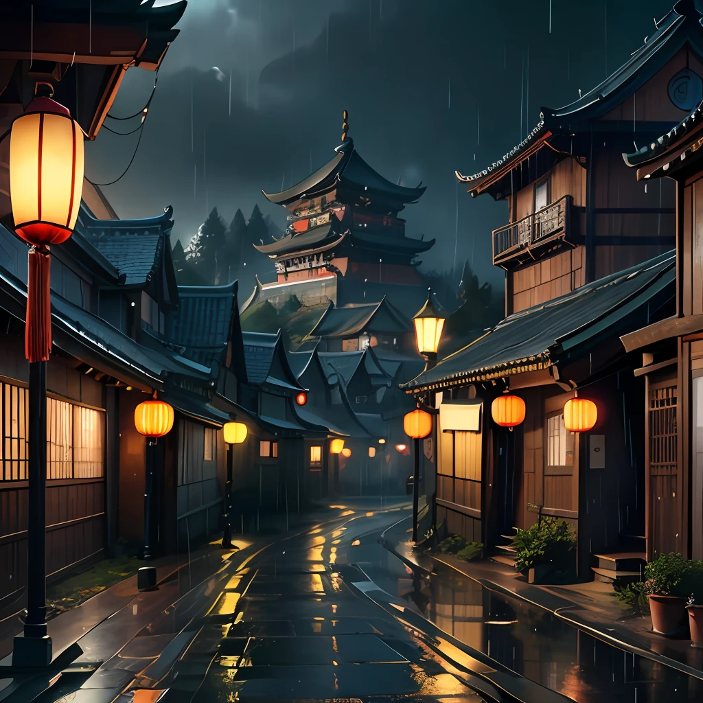 arafed view of a village with a lot of lights on the buildings, dreamy chinese town, chinese village, amazing wallpaper, japanese town, japanese village, hyper realistic photo of a town, old asian village, japanese city, by Raymond Han, rainy evening, cyberpunk chinese ancient castle, beautifully lit buildings, at evening during rain, beautiful and aesthetic, photography, cinematic, 8k, high detailed ((Heavy rain)))