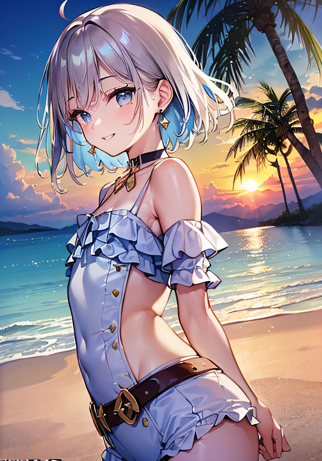 (((Masterpiece)), (((Highest Quality)), (((Very delicate and beautiful)), (Highly detailed CG Unity 8K wallpaper: 1.3), Very delicate light, (Backlight), (Steampunk),
/=、
(Cowboy Body)), (1 Loli: 1.3), Solo, (Petite), (Small), White Swimsuit, High Waist Shorts, White Hair, Blue Eyes, Earrings, (Wavy Curly Short Hair), (Ahoge), (Cute Face: 1.114), (Fine Eyes: 1.15), (Cute Face: 1.114)
, (beautiful fine eyes and beautiful face: 1.15),
The girl is smiling and looks happy in a beautiful tropical landscape. Behind her, the sun is setting, casting a warm glow on the scene, creating a dreamy atmosphere. In the distance, palm trees sway in the breeze, creating a leisurely retro atmosphere, such as sand, sun, beach, sea, horizon, etc.
Highly detailed ray tracing