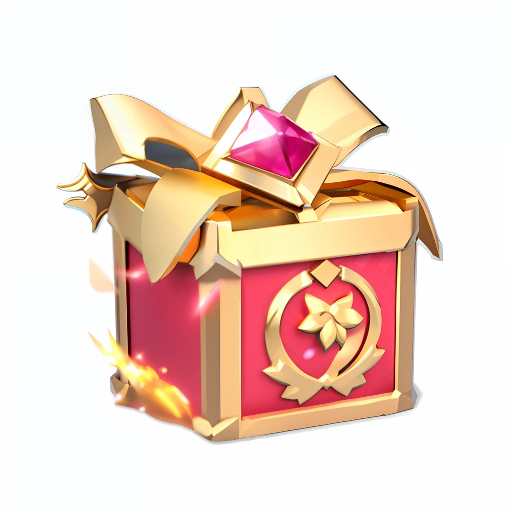 There is a gold and red gift box,It has a pink bow on it, loot box, 3 d icon for mobile game, ability image, magic item, treasure box, Unknown, presenting magic gem, item art, magic spell icon, game icon asset, epic legends game icon, treasure artifact, gifts, insane quality, fantasy game spell icon, luxury item showcase