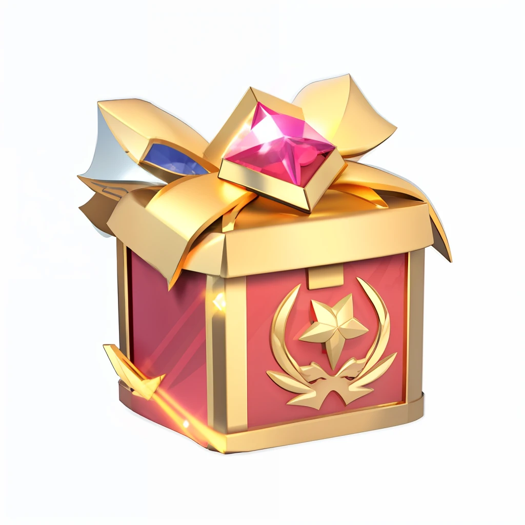 There is a gold and red gift box，It has a pink bow on it, loot box, 3 d icon for mobile game, ability image, magic item, treasure box, Unknown, presenting magic gem, item art, magic spell icon, game icon asset, epic legends game icon, treasure artifact, gifts, insane quality, fantasy game spell icon, luxury item showcase