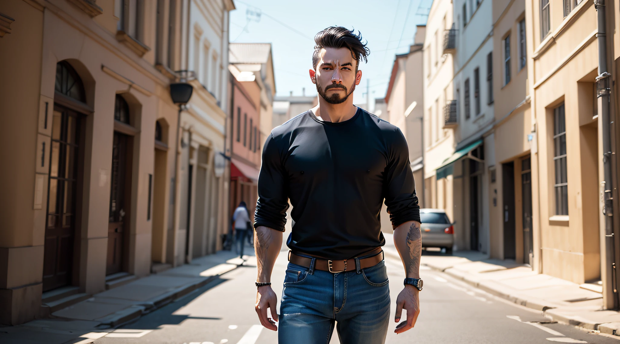 um homem 35 anos, in standing, corpo inteiro, camisa branca, black denim pants, black sneakers, cabelo curto, 8k, ultra realista, foto raw, mega real, fundo desfocado. --auto