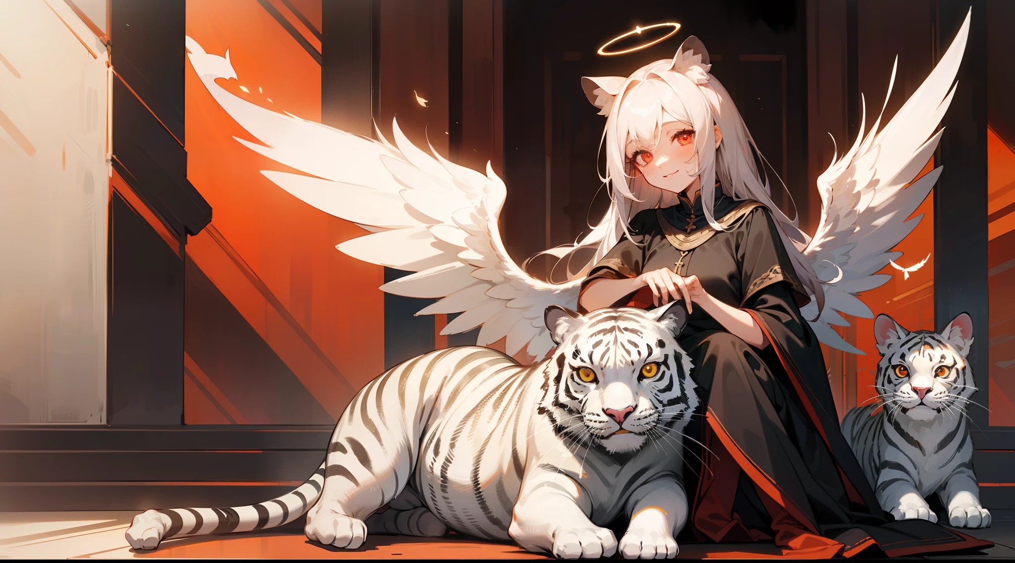 (masterpiece, misteryous), 1girl, angel, sitting with white tiger, cute,(red halo),happy,gorgeos, glowing eyes, red eyes, angel wings, holy, sensual, black tunic, feathers, BREAK perfect face, confident, smile, expressive eyes, collofull eyes, contrast, shadows, masterpiece, digital art,majestic, superior,