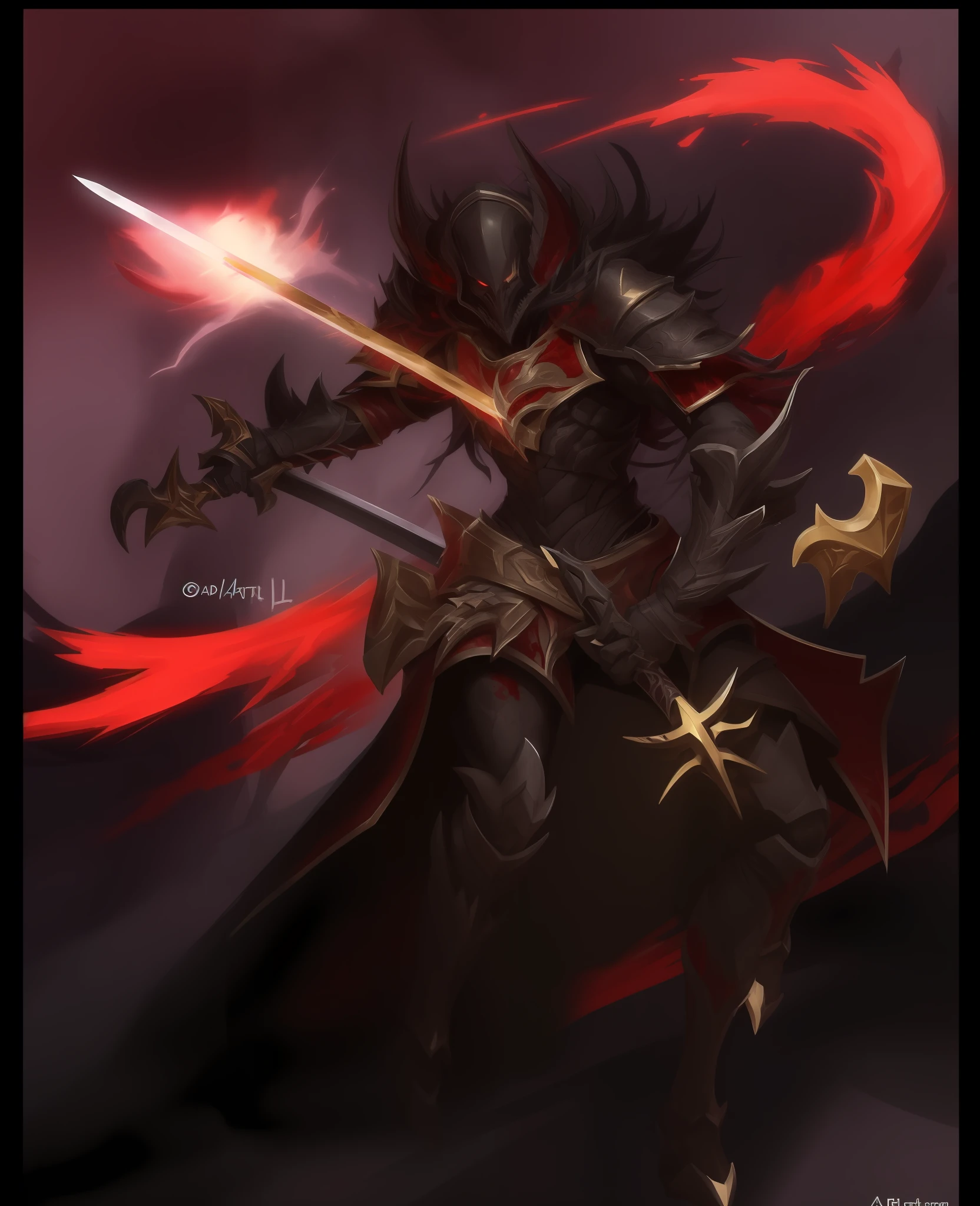 a drawing of a demon with a sword and a red cape, blood knight, reaper of night!!!!, as a badass monster hunter, league of legends style, black and red armor, league of legends style art, painted in the style arcane, league of legends style, dark warrior, league of legends style, evil knight, anthropomorphic raven knight
