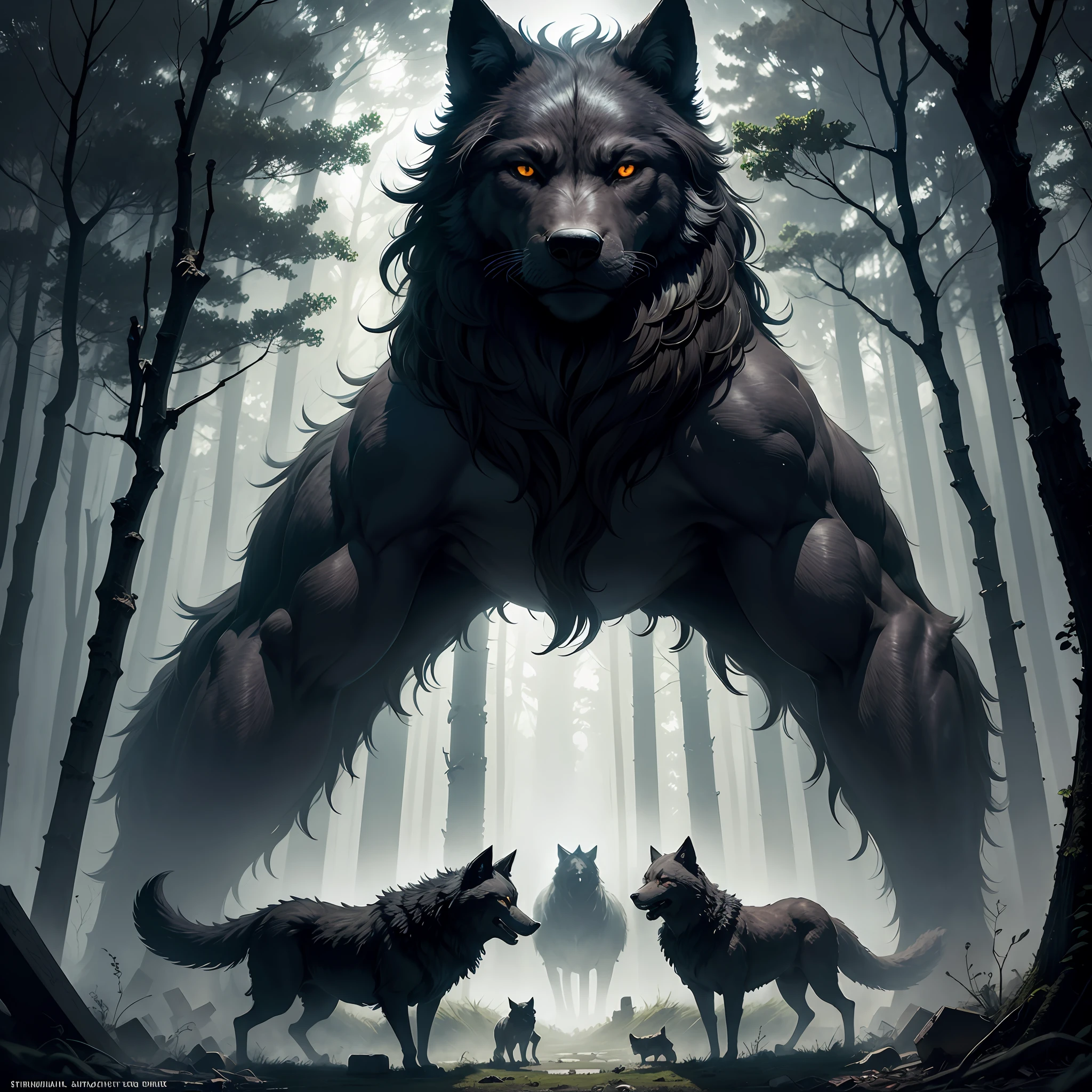 dark forest, d&D Style and The Lord of the Rings. epic scene. pack of black wolves. Remnant of an ancient city. Ruins. Night. symmetrical composition, with depth in the image, epic scene --auto