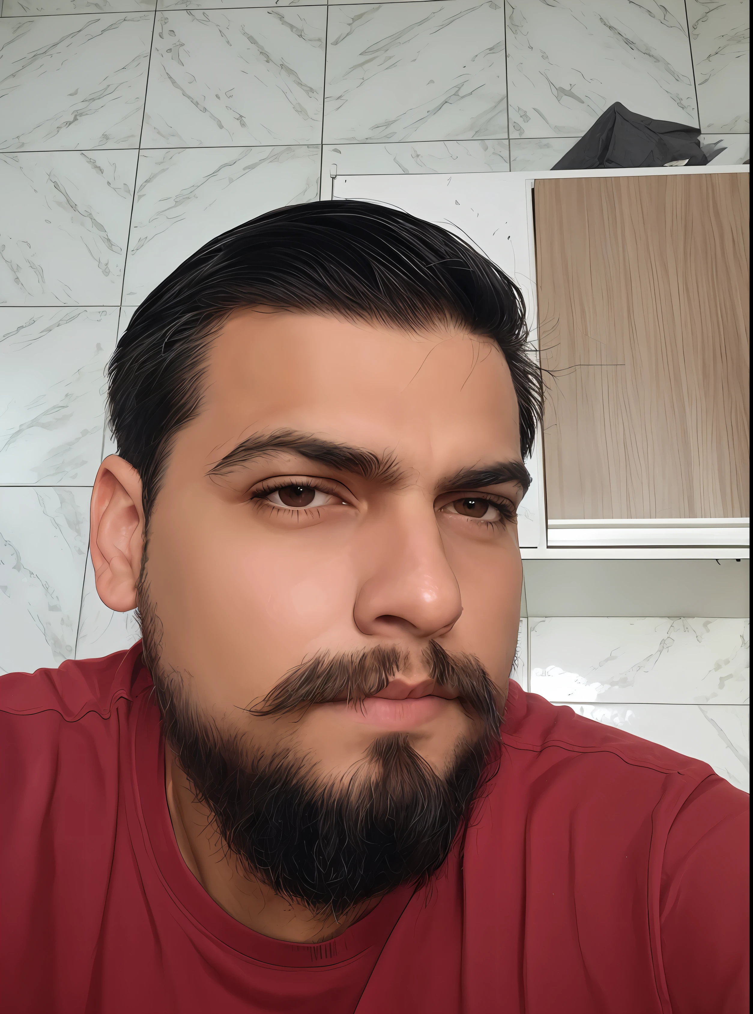 there is a man with a beard and a red shirt, Fotografia selfie 8k, (38 anos), sem barba, com uma barba pequena, imagem frontal, olhos pesados para o lado, sem barba e bigode, Homem de 4 0 anos, imagem de qualidade muito baixa, Retrato tirado 8 K, imagem do rosto, 2 7 anos, 3 2 anos