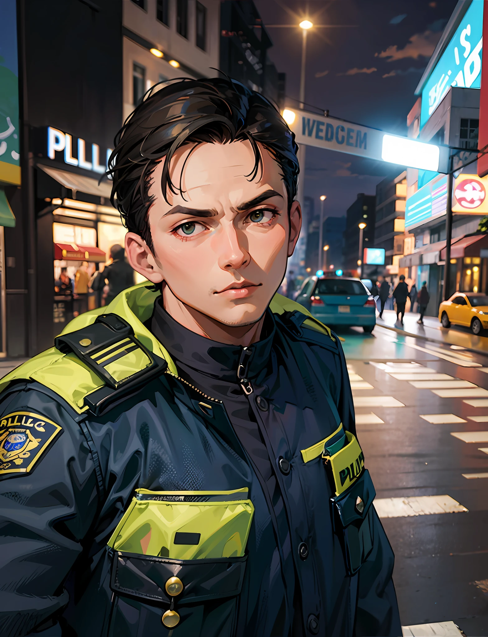 there is a man that is standing in the street with a flashlight, police officer, jose miguel roman frances, Retrato de Jerma985, Foto profesional, Retrato disparado 8K, colombiano, police man, reddit post, andres rios, wearing a police uniform, Agente de seguridad, Foto tomada por la noche, police man!!, dan dos santos, imagen frontal, estilo anime