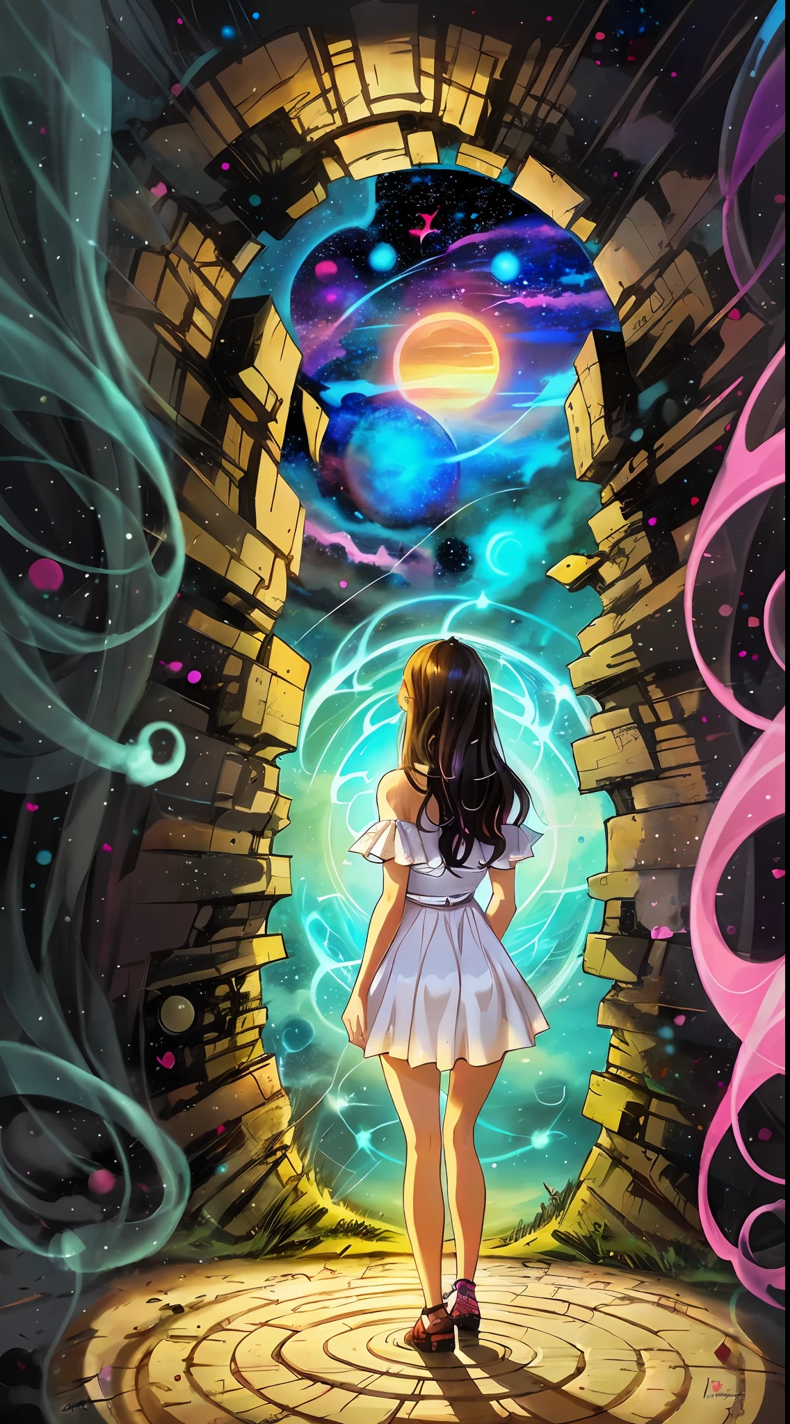 Angel Girl, Love, heart, standing in front of a space portal overlooking the pink sun, Cyril Rolando and Goro Fujita, A portal to ther universe, inspired by Cyril Rolando, Portal to anor dimension, world, visible only through the portal, high quality fantasy stock photo, Portal to anotheorld, Portal to outer space, in the style of Cyril Rolando, Looking into space, universe, Magical Galactic Portal, The Cycle of the Stars, God, River, mountain, top
