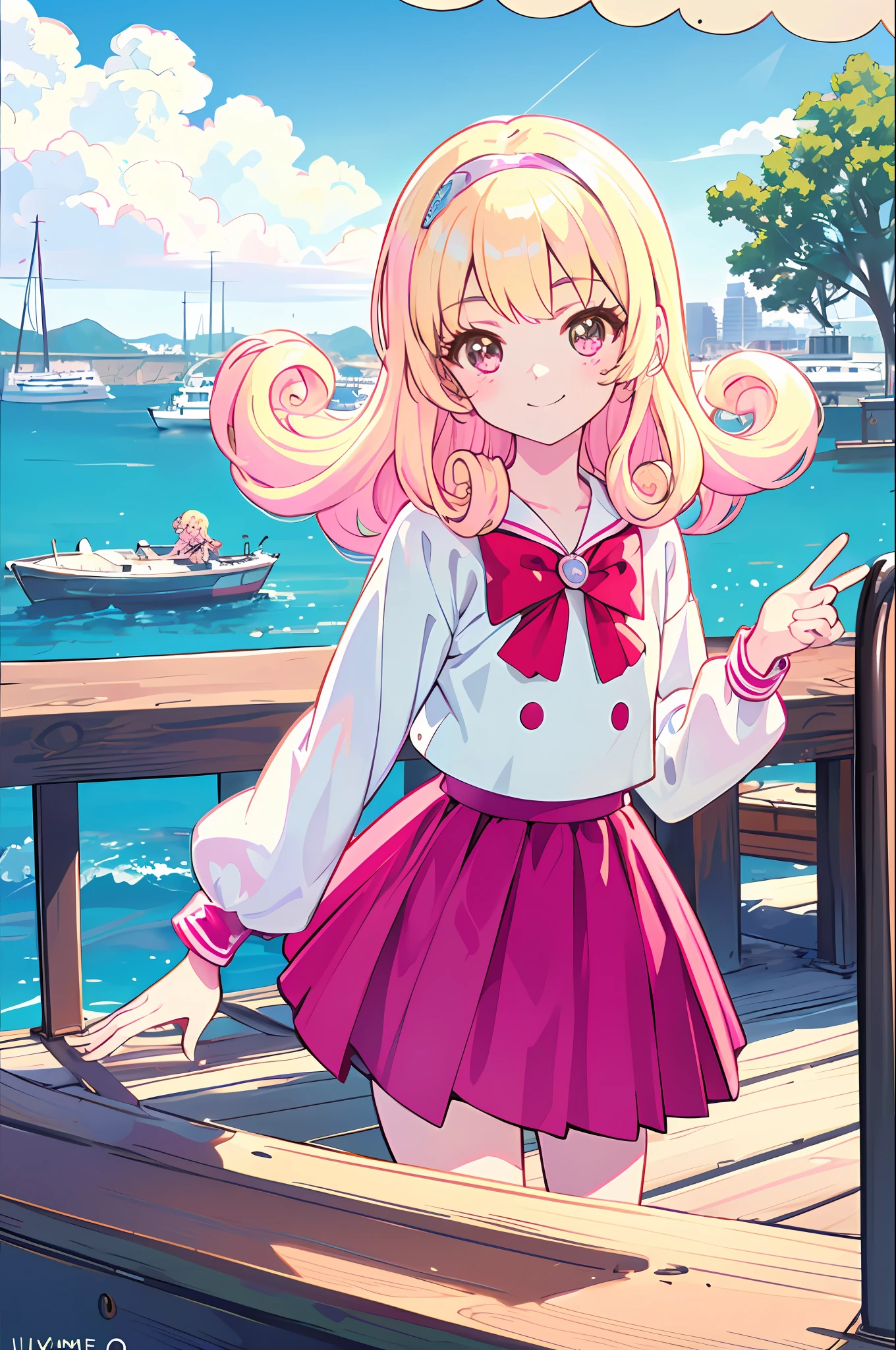 (best quality, 8K, masterpiece, ultra detailed:1.2), sea, day, dappled sunlight, blue sky, beautiful clouds, gradient sky, boat, skyline,1girl, child, solo, cowboy shot, looking at viewer, smile, pink ,  hinata yume, blonde hair, child, curly hair,