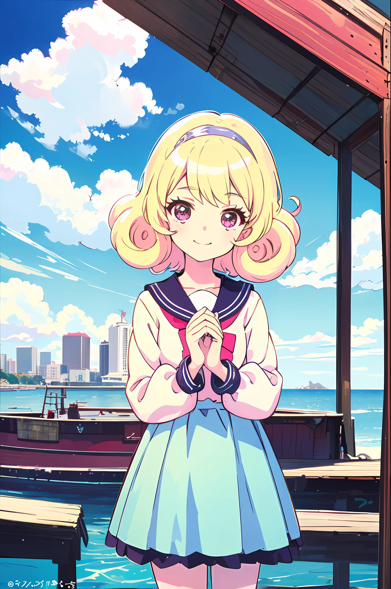 (best quality, 8K, masterpiece, ultra detailed:1.2), sea, day, dappled sunlight, blue sky, beautiful clouds, gradient sky, boat, skyline,1girl, child, solo, cowboy shot, looking at viewer, smile, pink ,  hinata yume, blonde hair, child, curly hair,