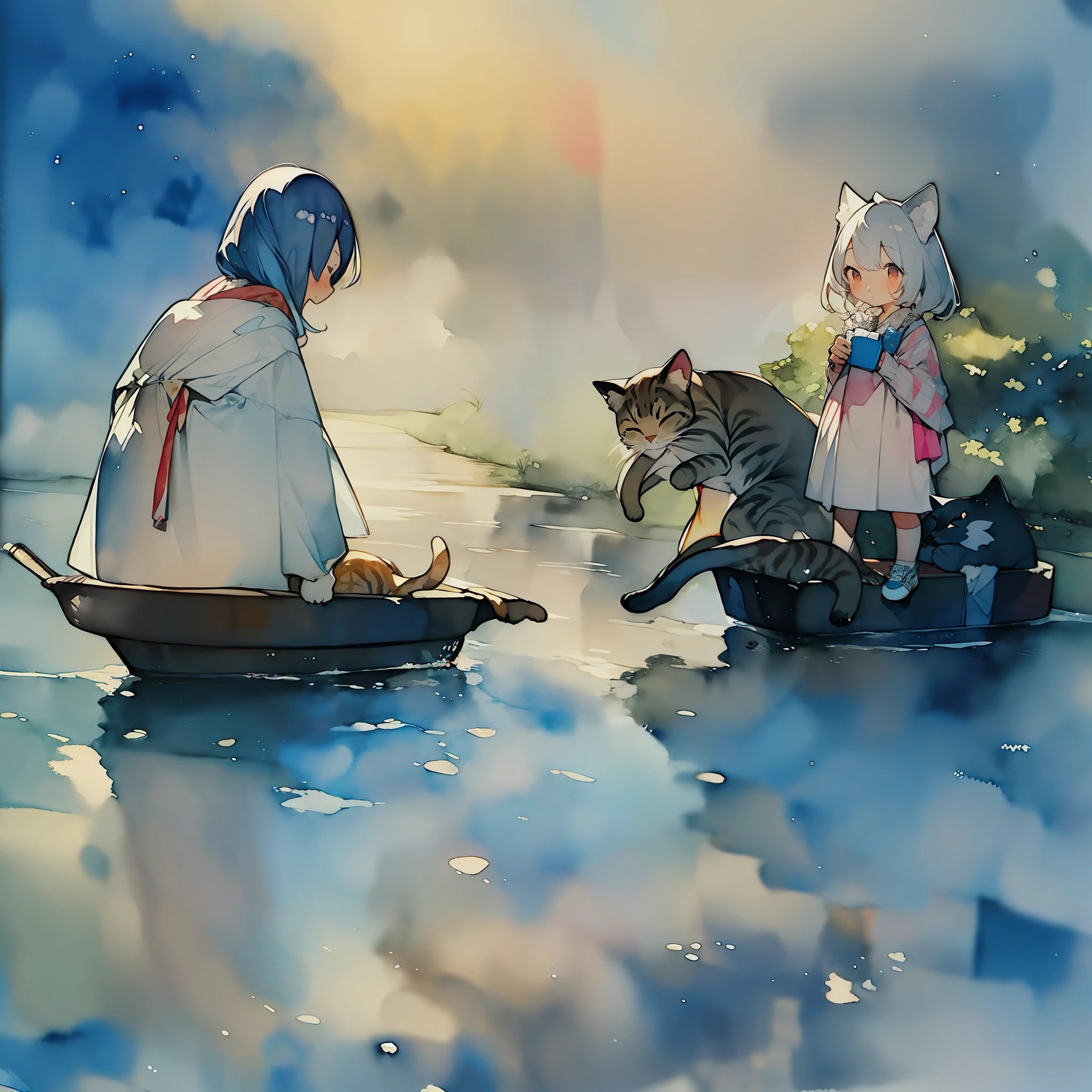 (watercolors:1.2),iwhite colored hair,cat ear,1girls,full full body,Character design