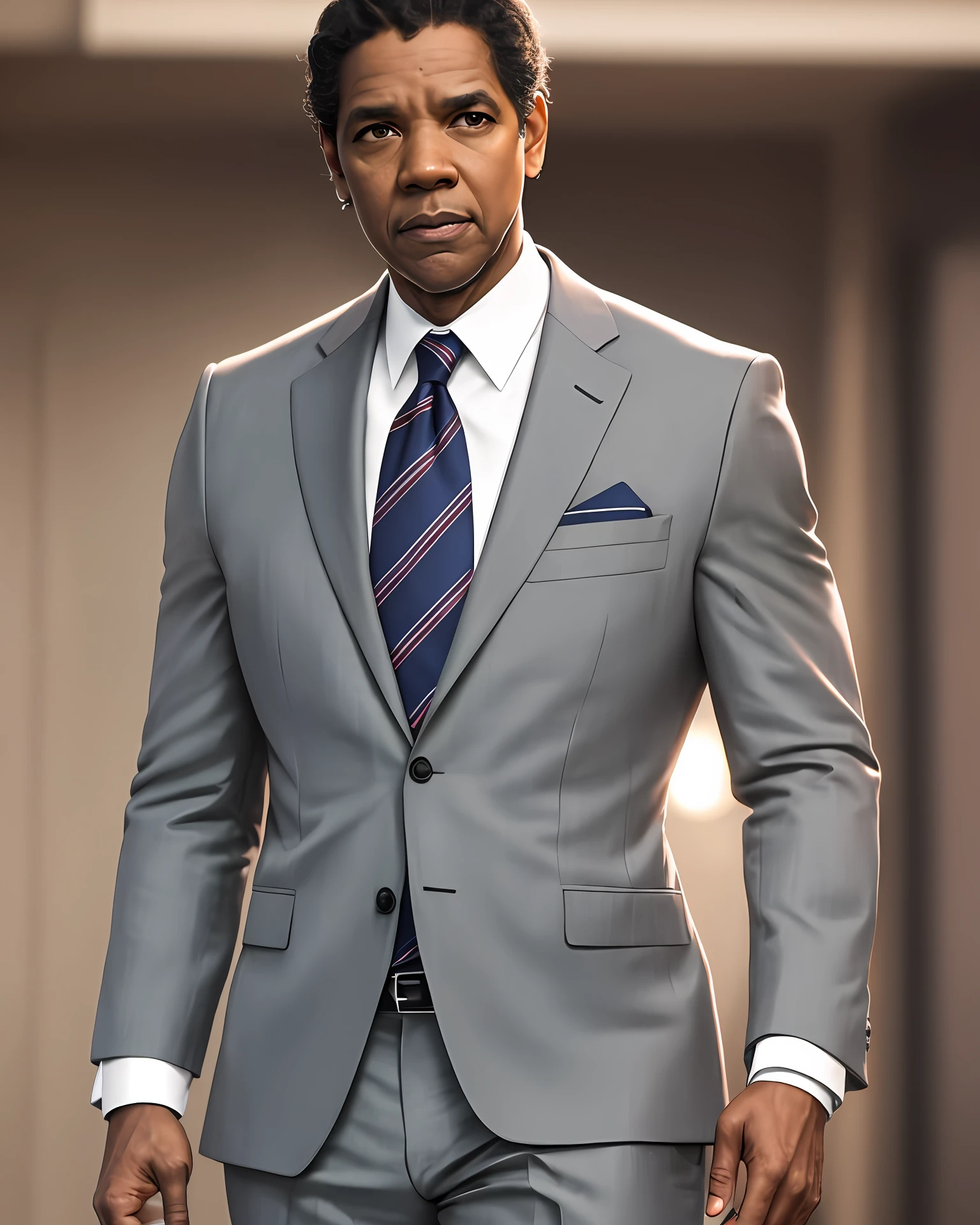 Photo of Denzel Washington, 80 years, successful appearance, brown skin, air of seriousness, wearing suit and tie, best quality, rim lighting, highly detailed skin, 8k uhd, dslr, high quality, high resolution, 4k, 8k --auto --s2
