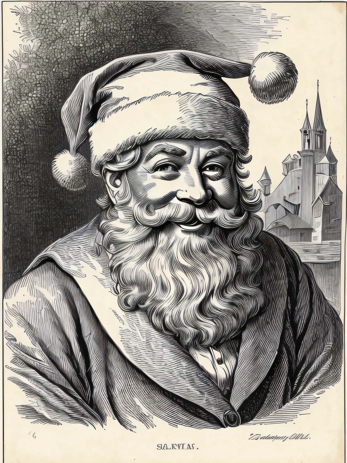 antique, Victorian, smiling, jolly Santa Claus, line drawing --auto