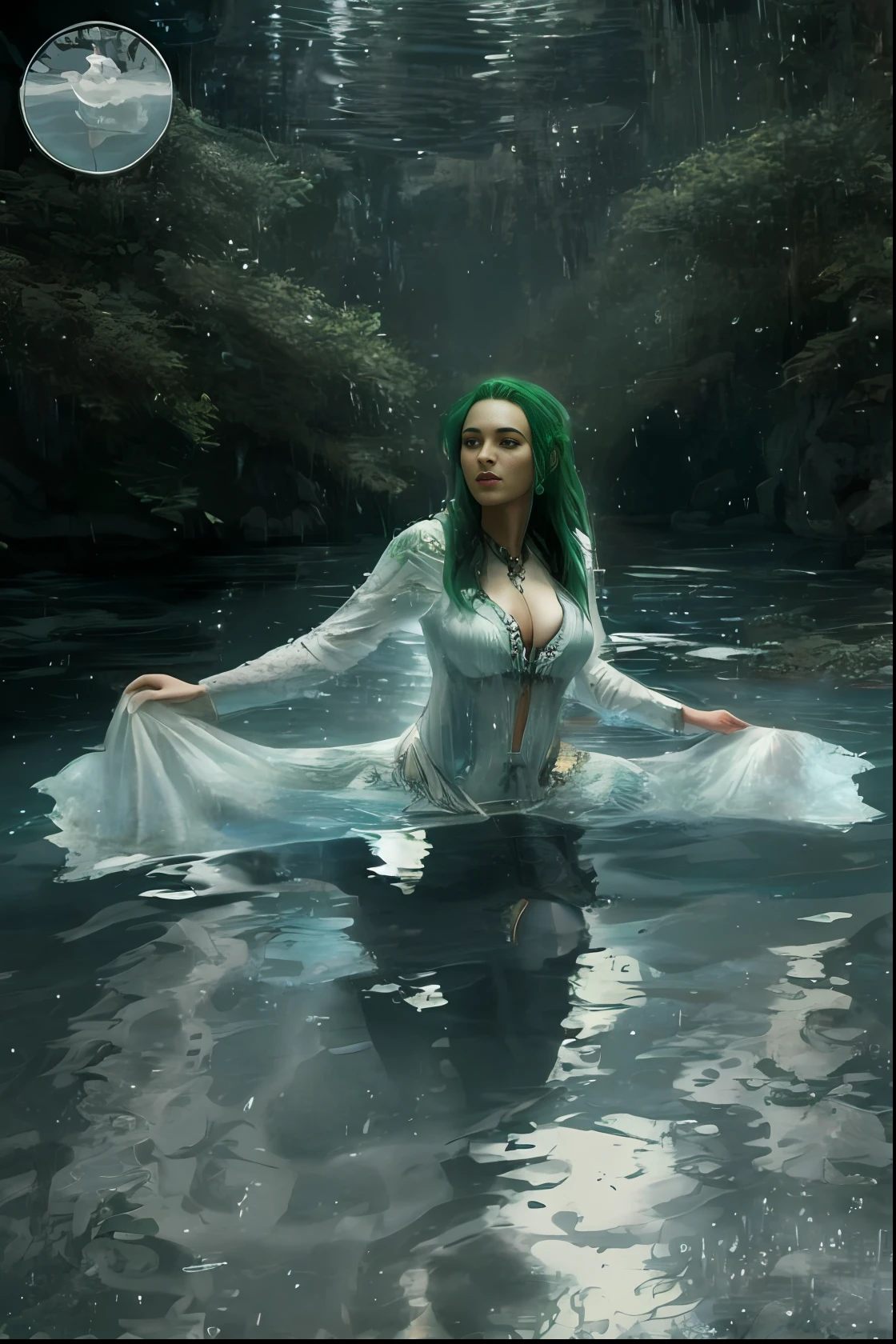 A green-haired woman is standing in the river, nymph in the water, photoshoot rainha dos oceanos, in the water up to your shoulders, fantasy photo essay, usando uma roupa justa esverdeada, On the water, filmed cinematic goddess, a dazzling young ethereal figure, deusa da natureza, ethereal beauty, water fairy, em um lago, dress made of water, fundo cyberpunk 2077, modern building, Dark aesthetic, darkness, visual louco, cinematographic, grain, obra-prima, melhor qualidade