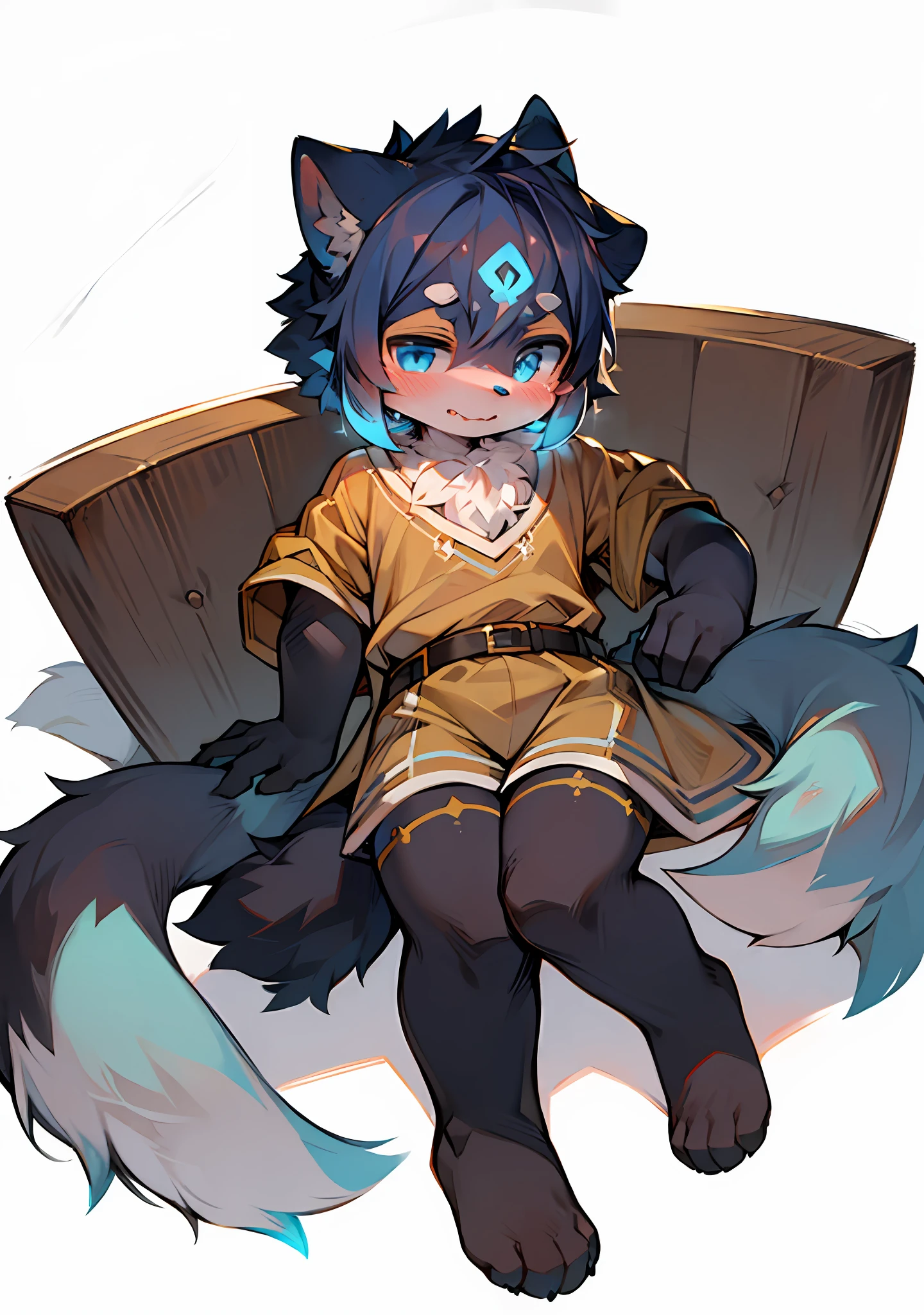 The Masterpiece，high qulity，digitally painting\（artworks\），Dagasi，Yupa，Kiyosan，（Fluffy fur：1.1），（luminance：0.8），Human male dog。 （Blue eyes，Gray-blue fur，Full body fur，There are blue glowing runes on the forehead，Cat nose：1.2），Bright eye，the panorama，Character focus，pure white background，yellow clothing，Wolf dog，Masculine，Fluffy tail。