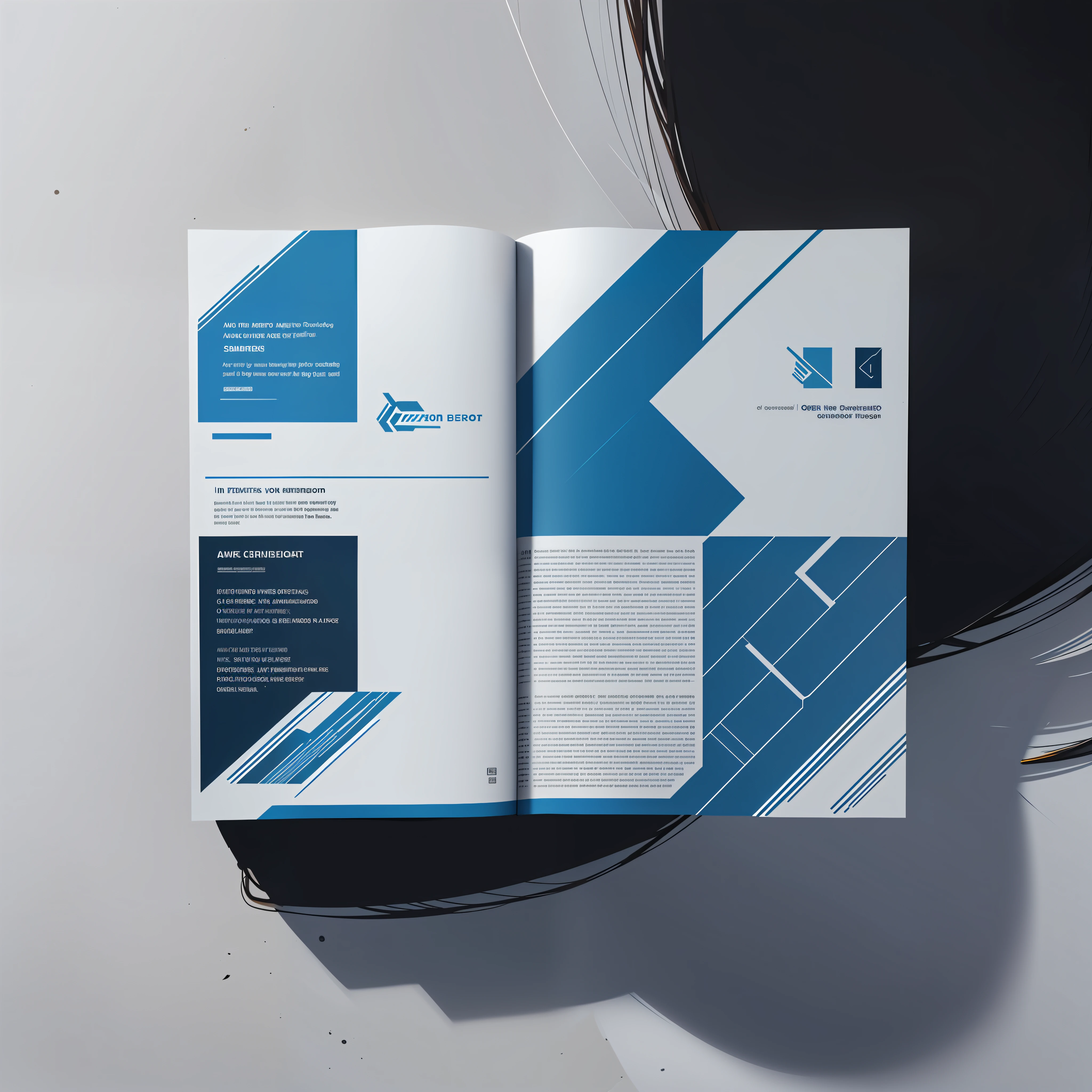 In a minimalist style,Create a brochure with a blue and white design,Add graphic design elements,With a clean and simple design、Layout design and modern avant-garde graphic design elements,Output as a single page