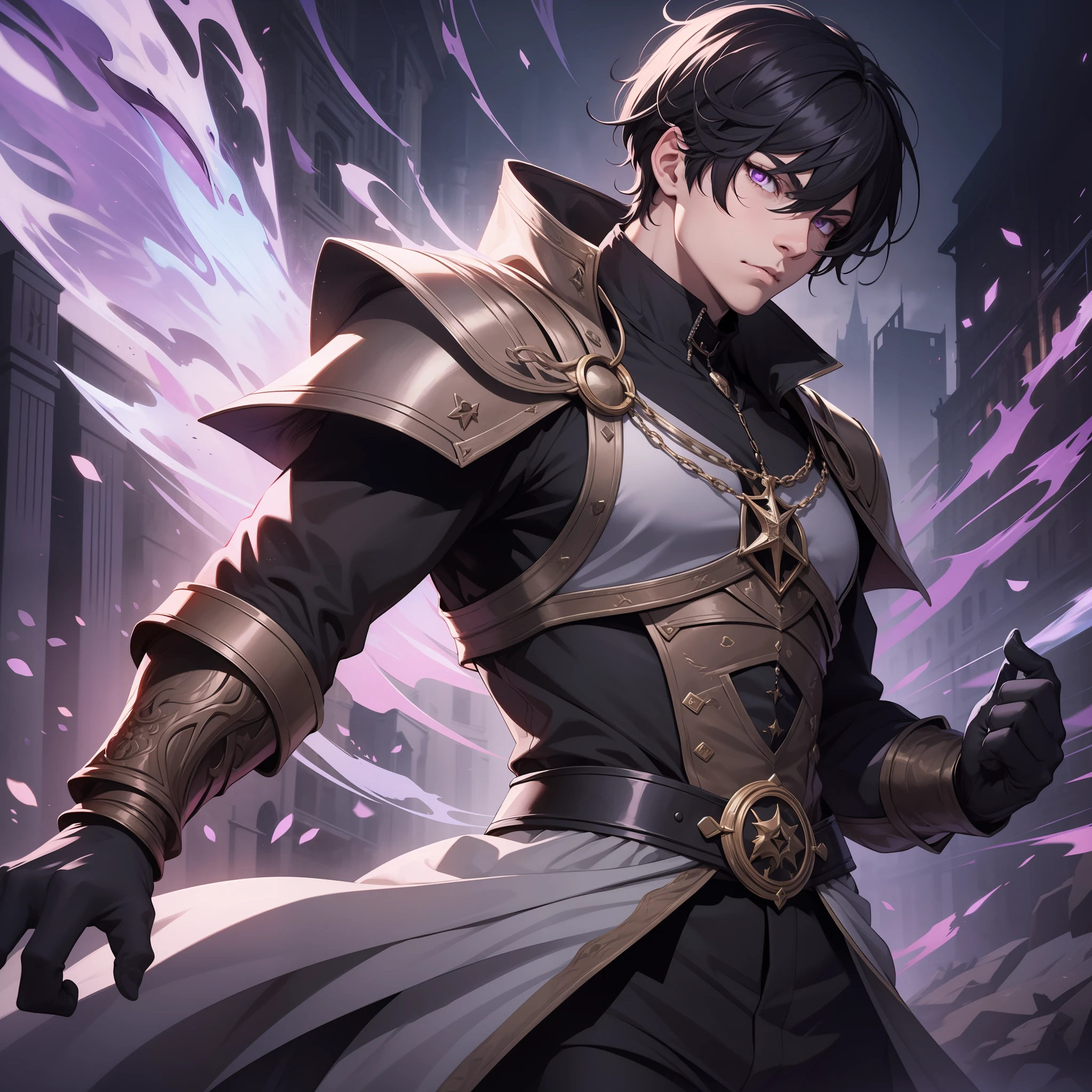 Male, medium black hair, purple eyes, bangs, powerful, arcane, medieval, imposing, 1boy, dark, 4k, good quality