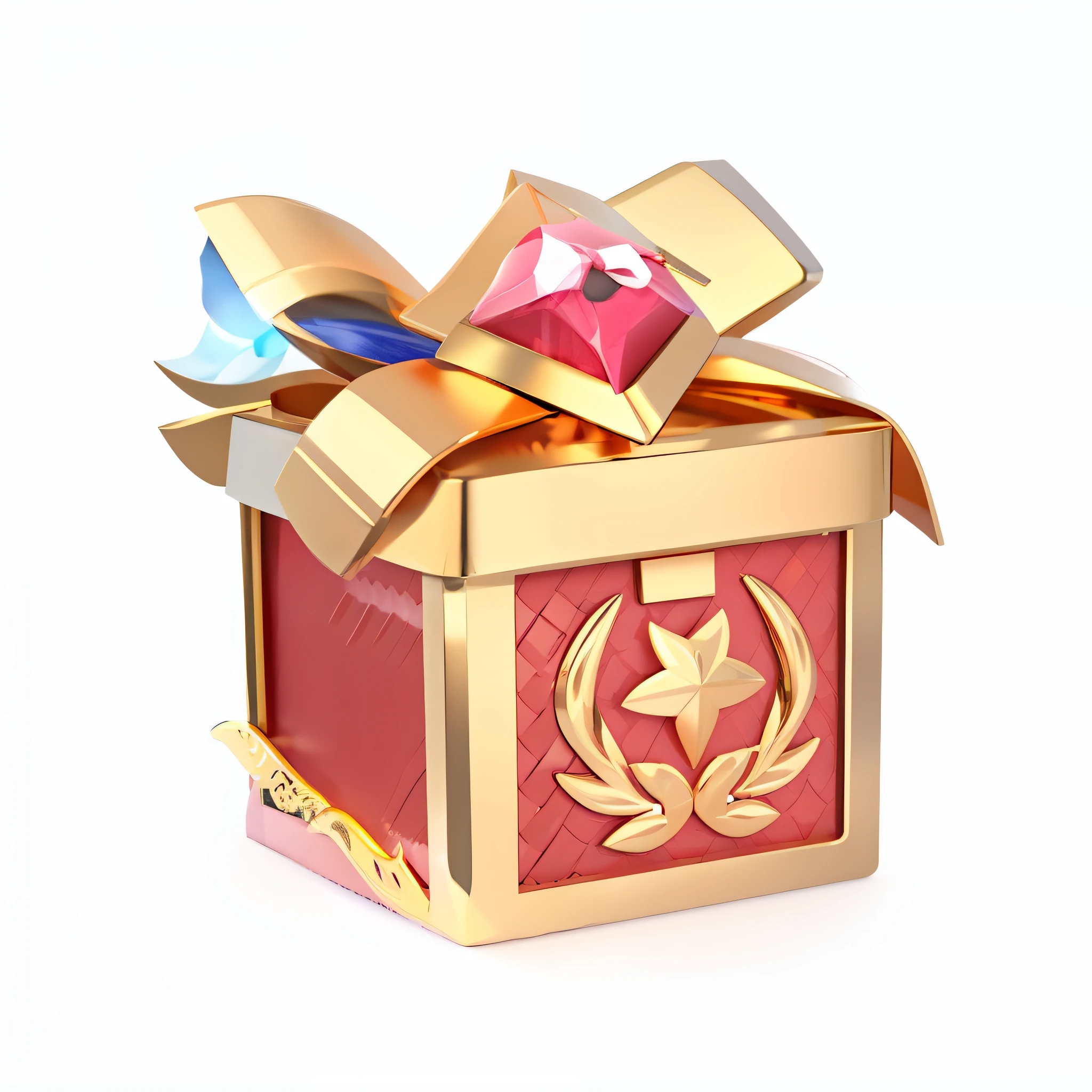 There is a golden gift box，It has a pink bow and a star, loot box, Unknown, 3 d icon for mobile game, treasure box, gifts, chest, ability image, game icon asset, presenting magic gem, 9 k, 9K, author：Master of Han Chinese, item art, masterpeice, treasure chest, gifts, little chest, iOS, Gold