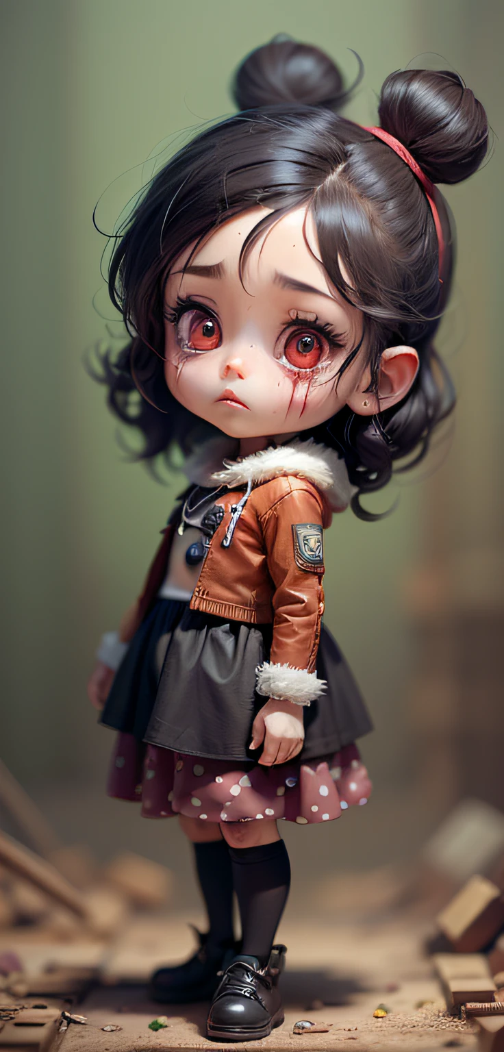 Blurry background, dark background, Horror, Disney, Venellope style Wreck-It Ralph, cute, small, very short, terror, blood
