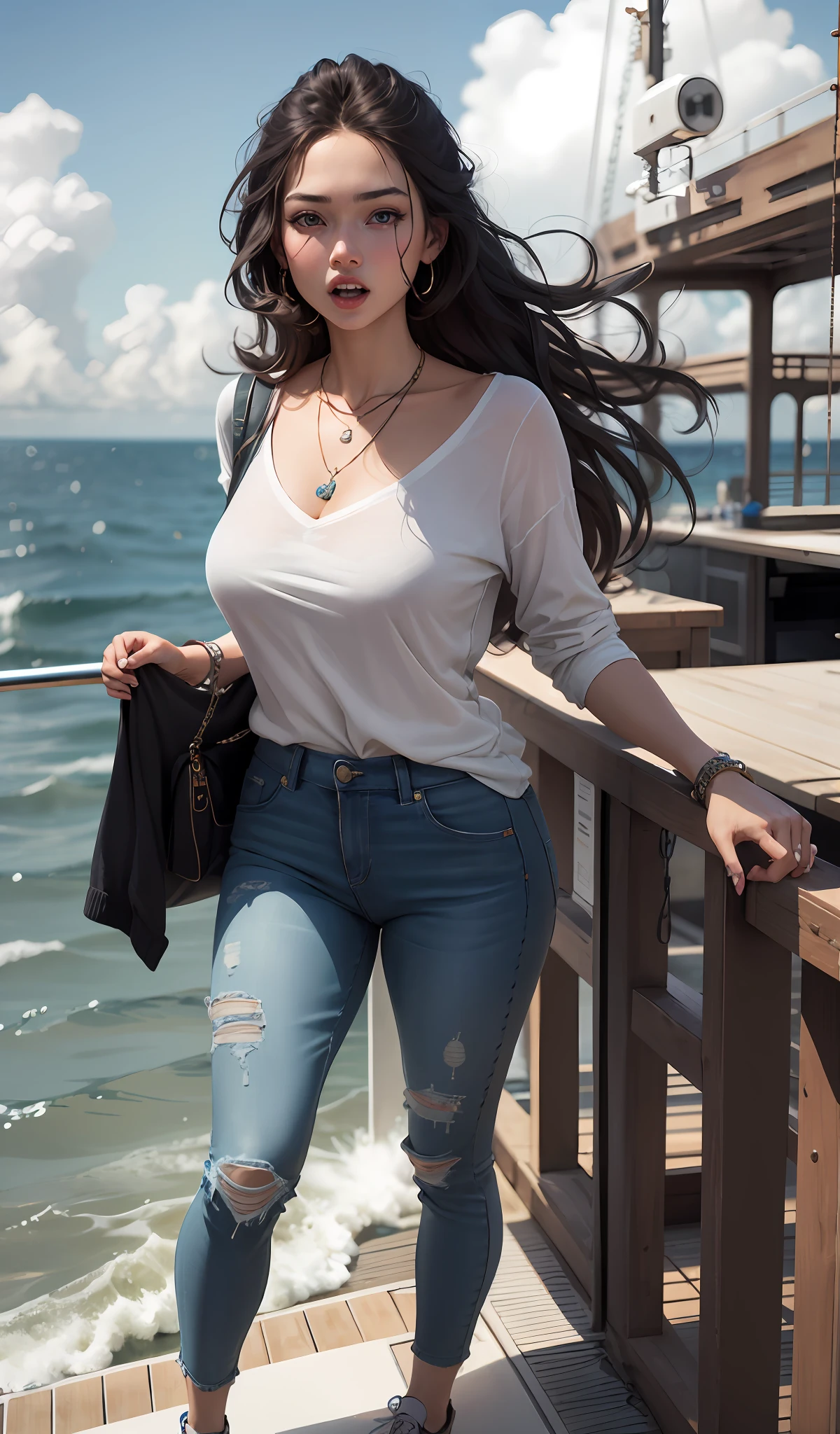 4k, realistic, carismatic, very detail, there is a girl on a big boat, she is a navy army girl, ocean theme, soft clothes, long hair, wearing pants , 25 years old, full body, wearing gucci shoes, necklace, scary face