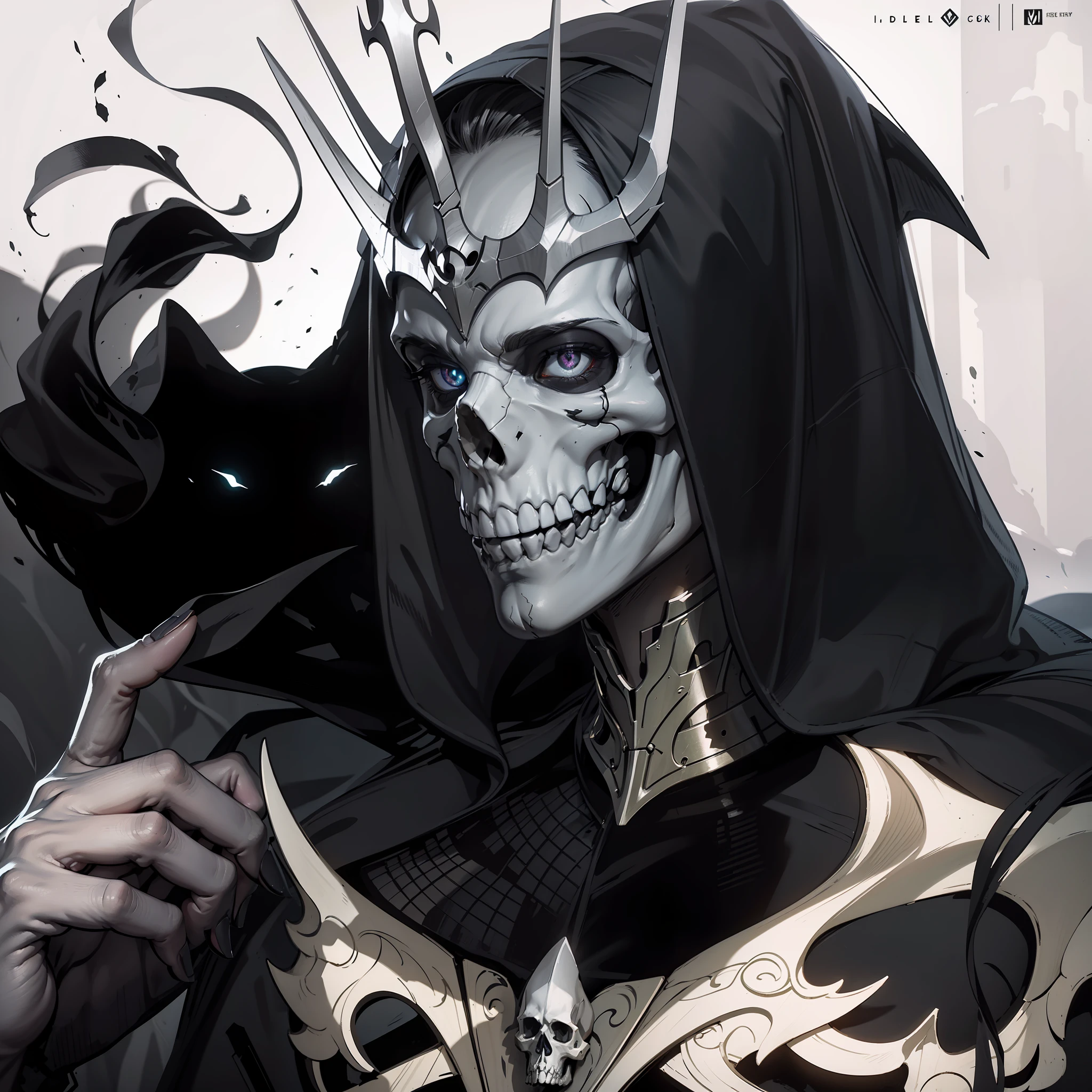 (very detailed wallpaper 8k), man, mid-shot terrifying necromancer, skull, burning eyes, ominous shadows, green smoke, intricate, high detail, dramatic