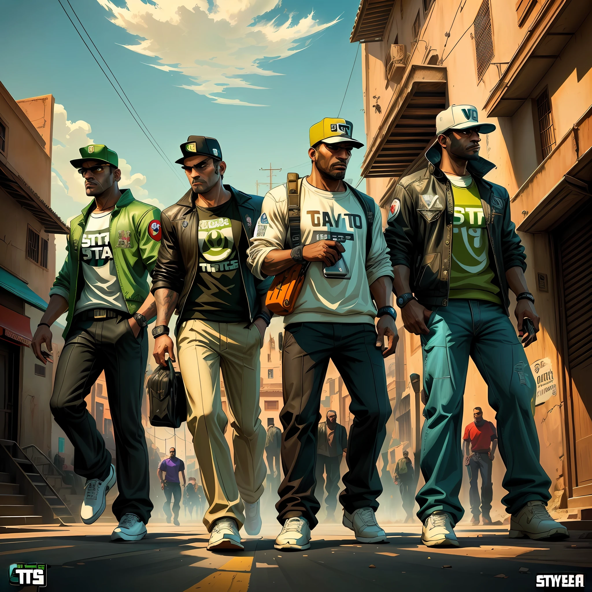 Image of a group of Moroccan men walking down a street in Marrakech, les mains dans les poches, Dressed in Super Mario T-shirts , 2D Game Art GTA Cover, 2 D Game Art GTA Cover, Style artistique GTA, Grand Theft Auto Style, Style artistique GTA, Style de GTA V, 2D Game Art GTA5 Cover, Affiche du jeu, Style GTA, style of gta v artworks, Couverture GTA, gta loading screen art