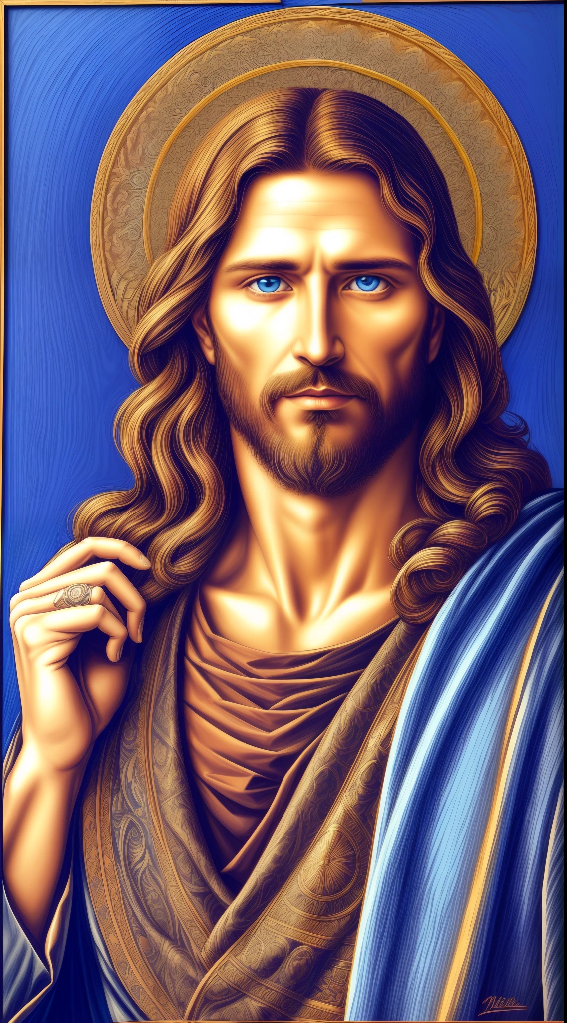 Portrait of a handsome man, Jesus Christ, real blue eyes, sunny day, intricate details. Straight body,  Straight face