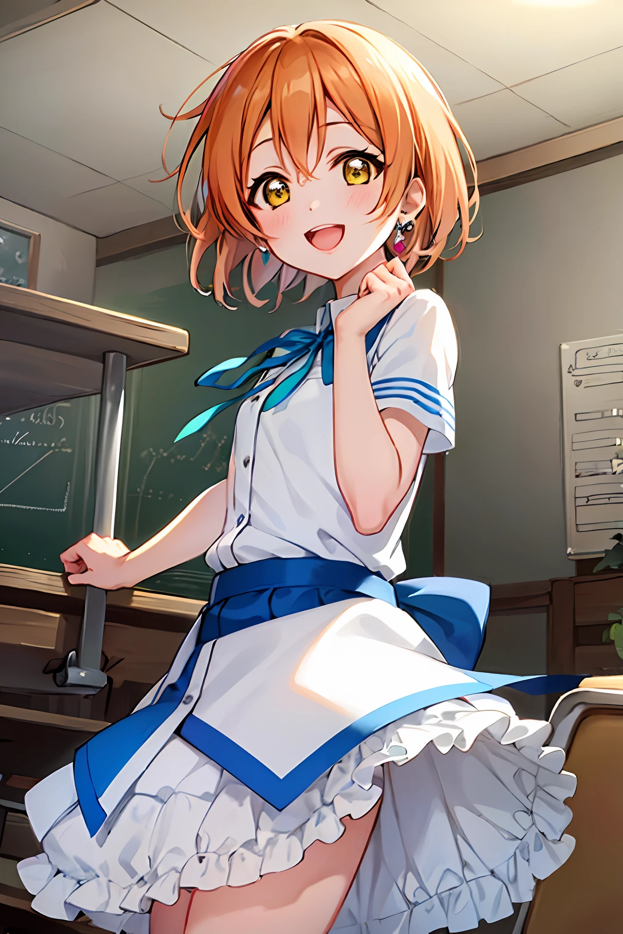 hoshizora_rin, 1girl, solo,  short hair,  cuff, (Beatrice), (illustration:1.1),(best quality),(masterpiece:1.1),(beautiful and clear background:1.25),(extremely detailed CG unity 8k wallpaper:1.1), (colorful:0.9),(depth of field:0.75),( ink splashing:0.95),(color splashing:0.85),(watercolor:0.65),
(cowboy shot:1.4),blue (school uniform:1.4), :d,  dress, earrings,looking_at_viewer, neck_ribbon, smile,
classroom, indoor, sunny, detailed blue sky