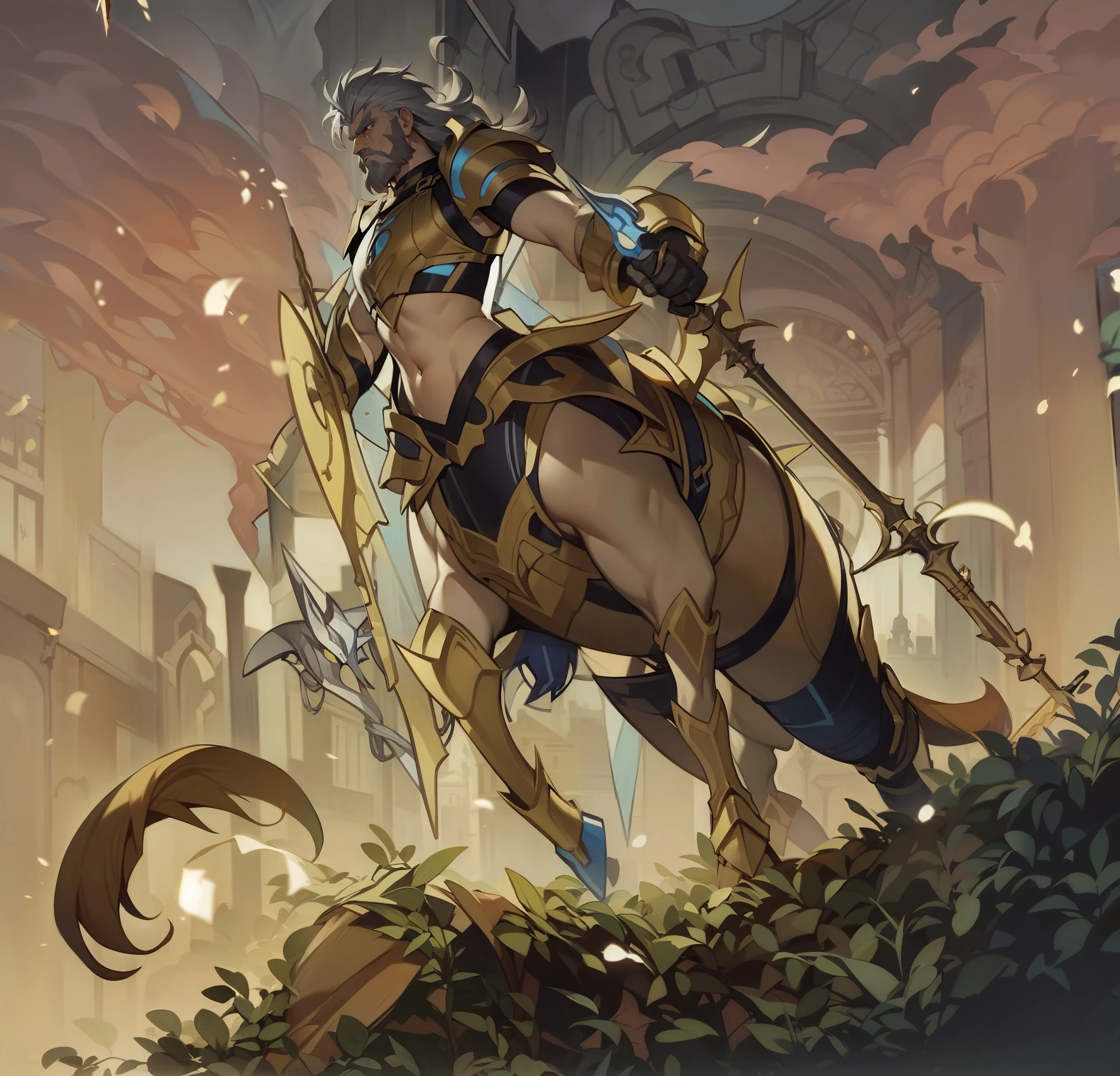 A male old centaur, solo, long grey beard, long grey hair, skinny, wearing rusty dark grey armor, holding a big lance and a huge shield, melancholic expression, seriously look in his eyes, determined, 8k, best quality