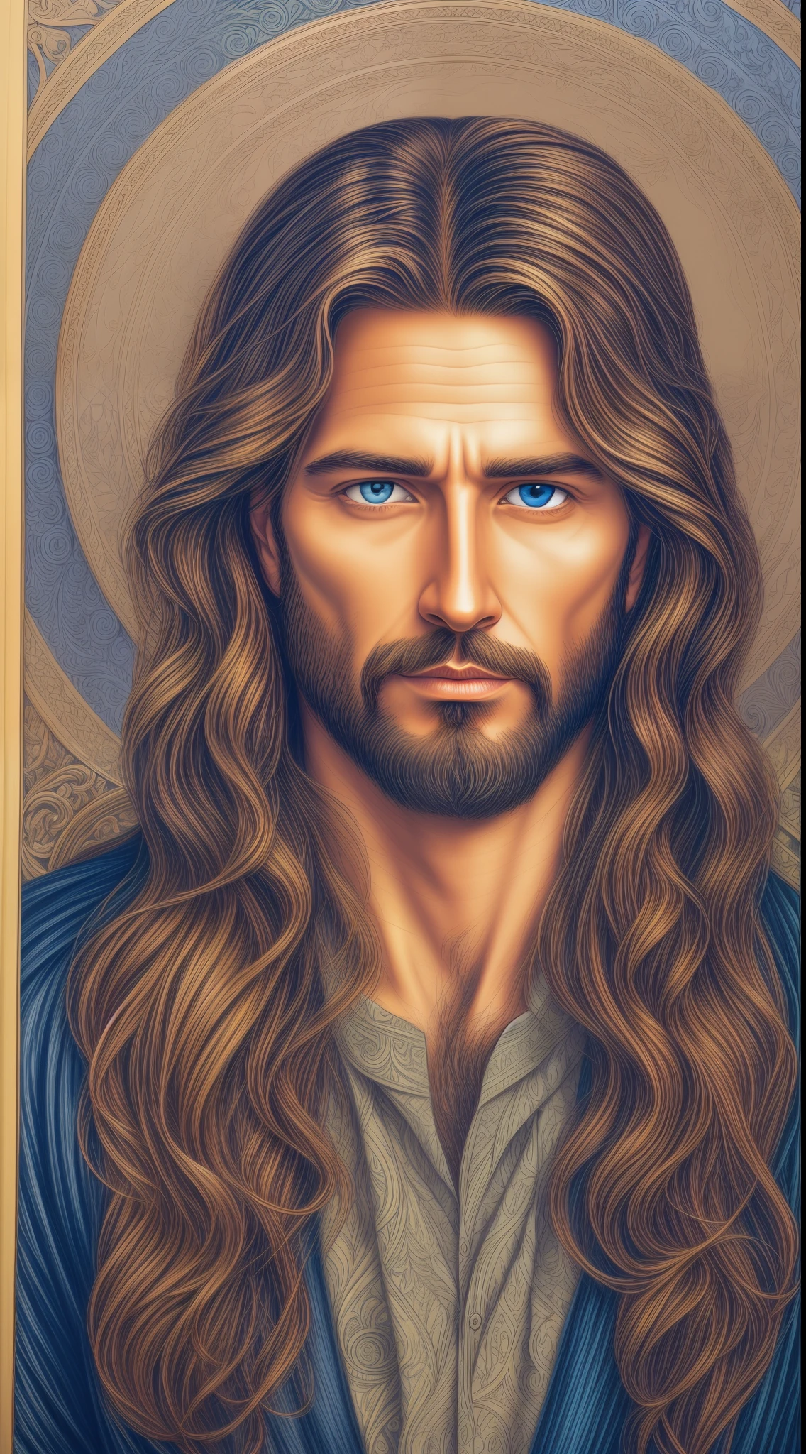 Portrait of a handsome man, Jesus Christ, real blue eyes, sunny day, intricate details. Straight body, Straight face