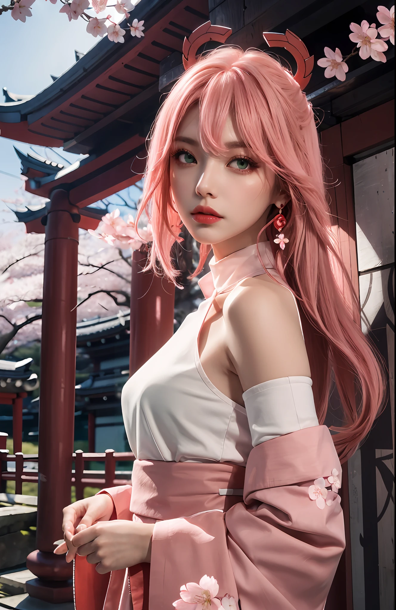 (Masterpiece, Superb Style, 1Girl, Solo, Intricate Details, Color Aberration), Realism, ((Medium Breath)), Bare Shoulders, Long Pink Hair, Red Headgear, Red Highlight, Hair Above One Eye, Green Eyes, Earrings, Sharp Eyes, Perfect Symmetrical Figure, Choker, Neon Shirt, Open Jacket, Turtleneck, Against Wall, Brick Wall, Graffiti, Dim Lighting, Alley, Looking at the Audience, ((Mean, Seductive, Glamorous)), (((Cherry Blossom Background))), (( Japanese temple background))), (((luminous background)))