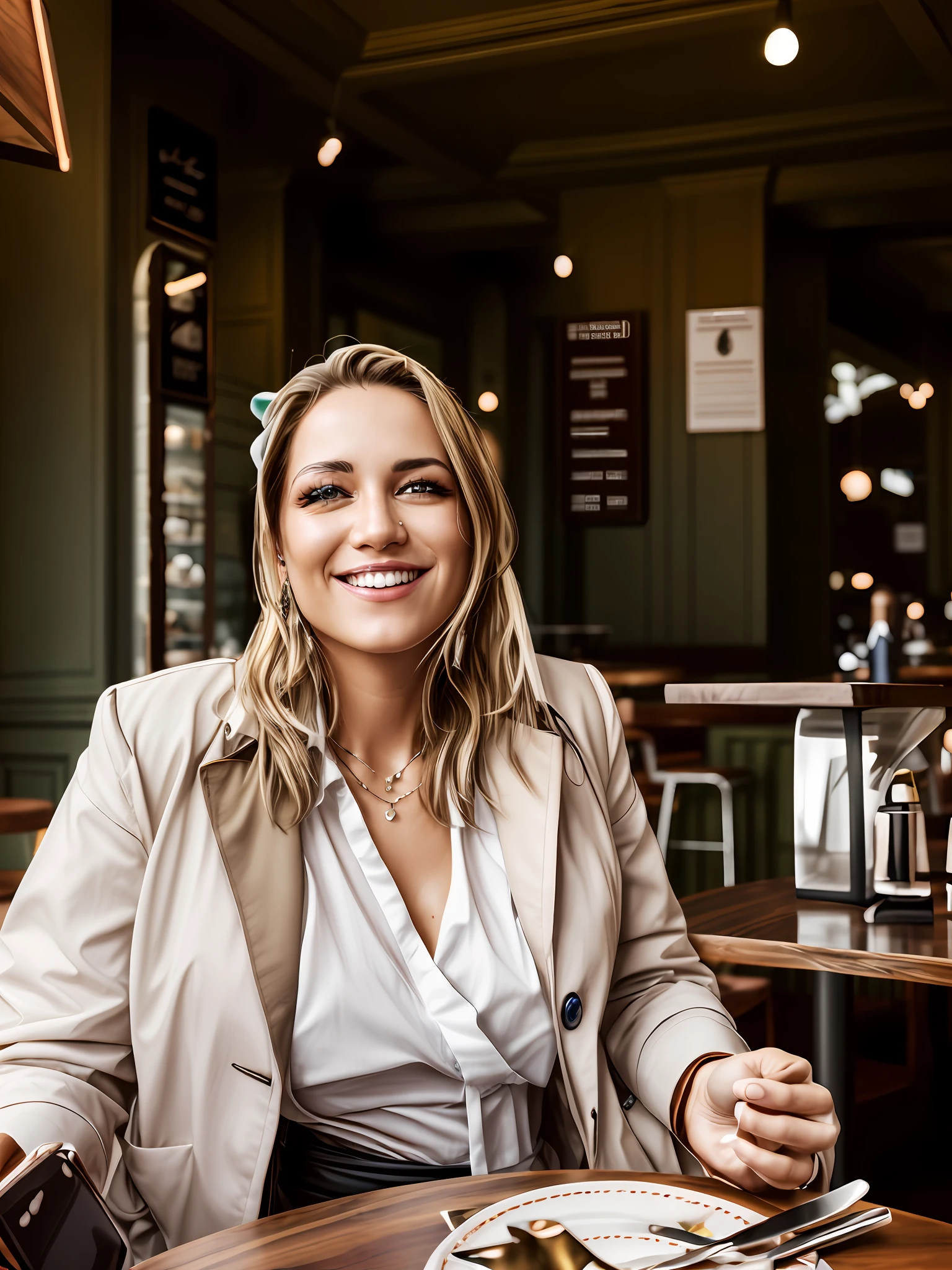 Beautiful woman in café, olhos verdes, ultra realista, 8k