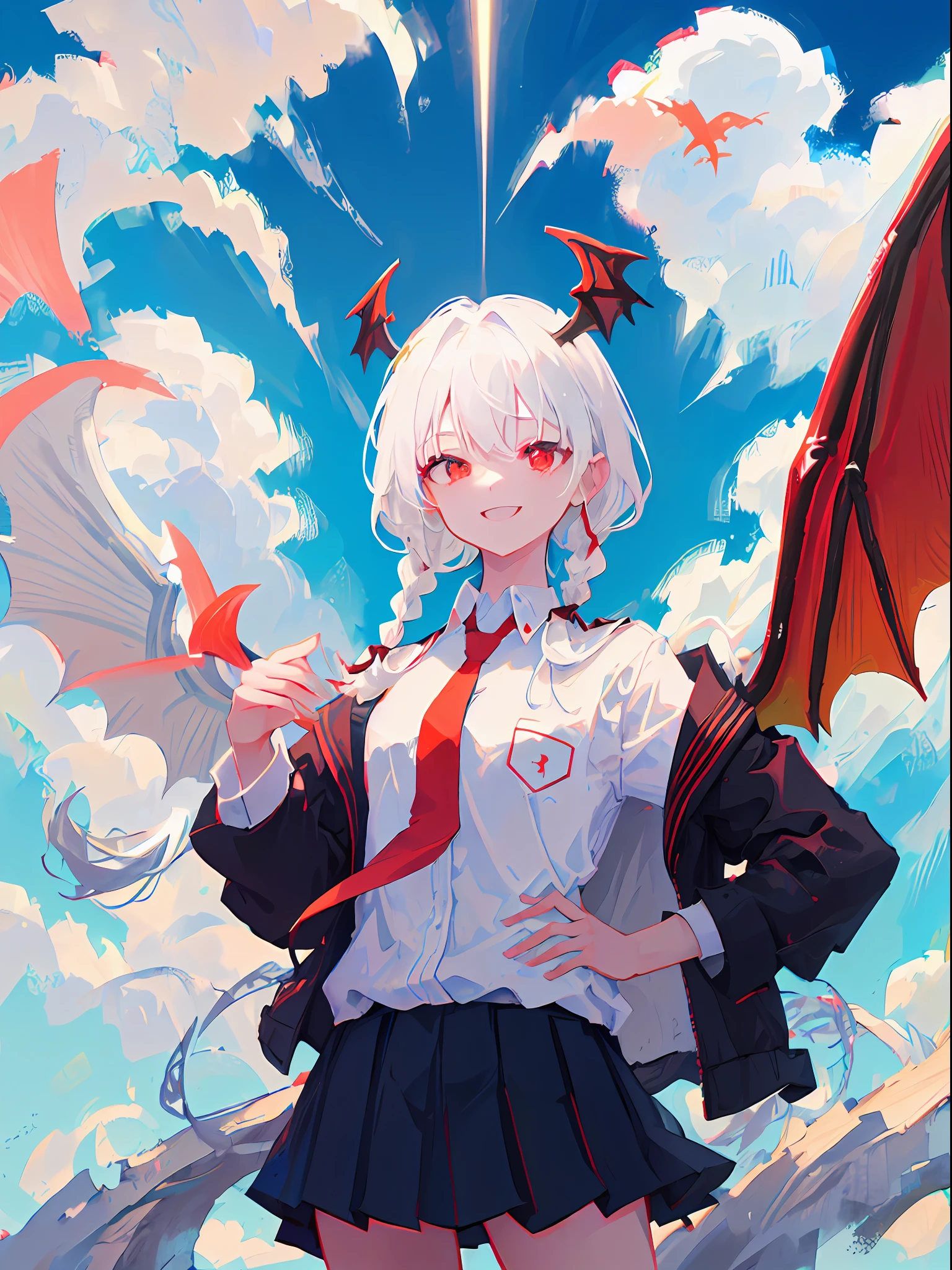 1girl, Red eyes、Sharp eye light、red necktie、Black jacket、White shirt、Black miniskirt、Student uniforms、Sorrisos、White hair、Braids、Dragon Wings、Dragon's horn、Dragon's tail、Naturally、blue skies、white clouds、Mystical light, upper body, angle from above