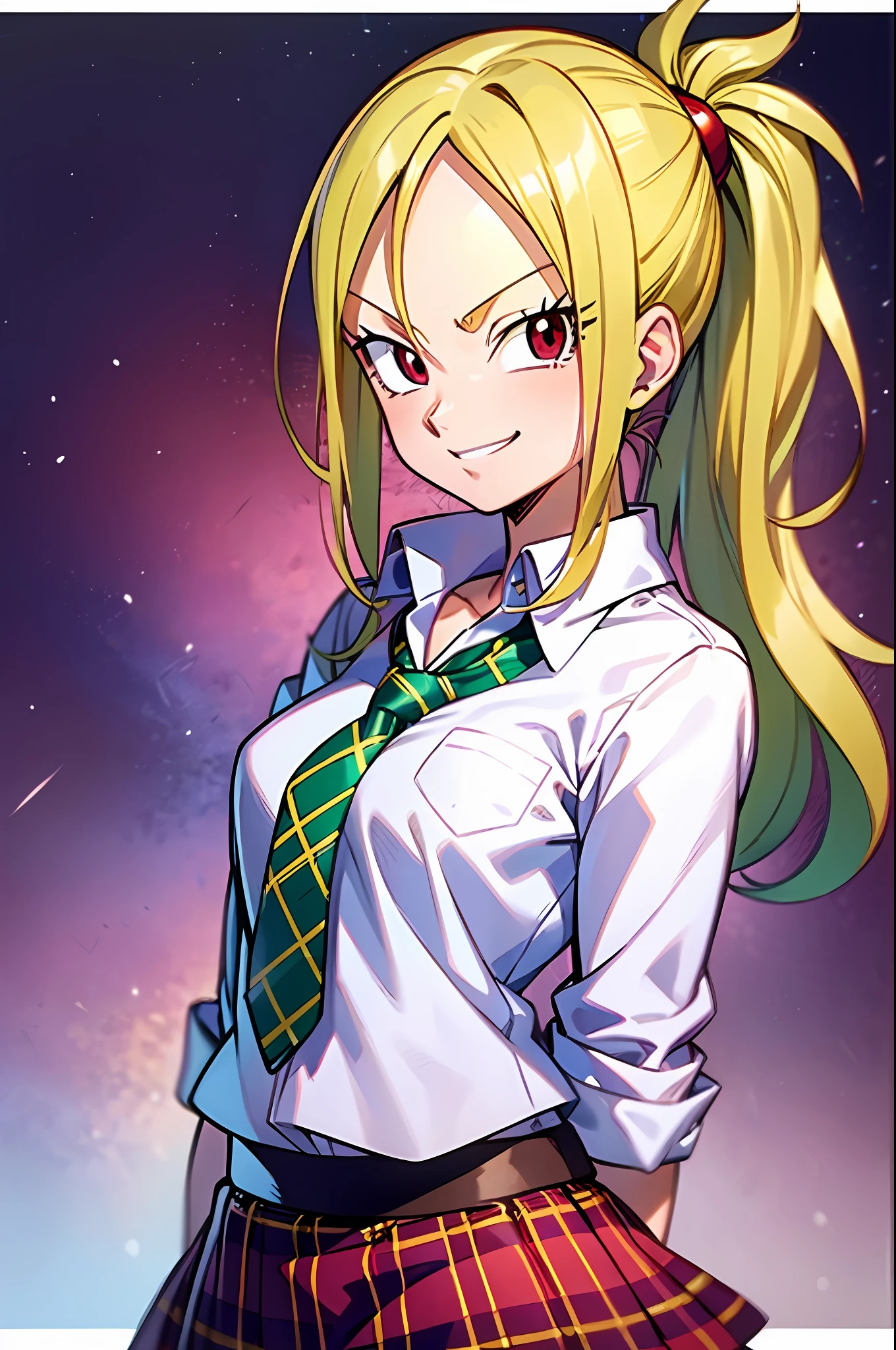 light smile, schoolgirl attire, white blouse with yellow jacket, green striped tie, red plaid skirt, red eyes and red hair in a twin ponytail, (style of dragon ball z and fairy tail anime), (illustrated by Akira Toriyama and Hiro Mashima), (style mixing), Lucy Heartfilia, Android18