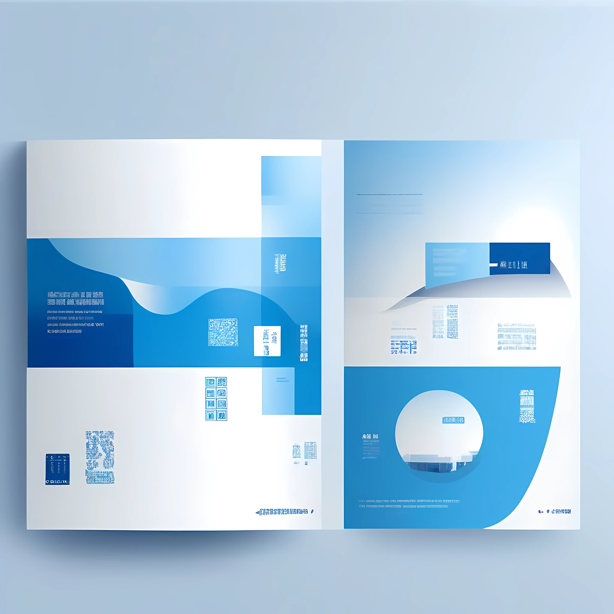 In a minimalist style,Create a brochure with a blue and white design,Add graphic design elements,With a clean and simple design、Layout design and modern avant-garde graphic design elements,Output as a single page --auto