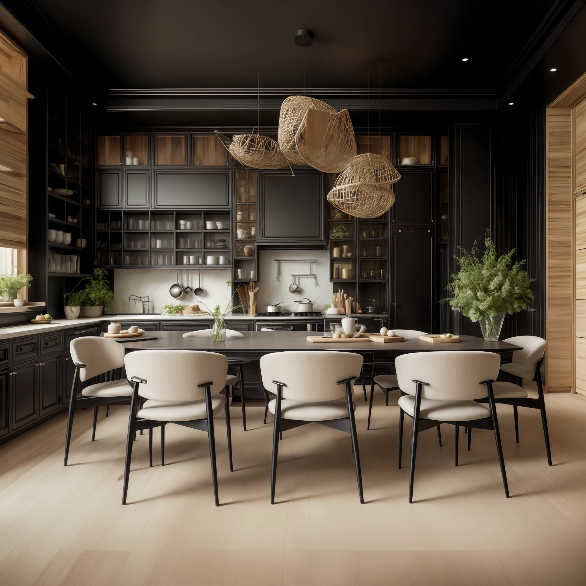 "(kitchen design)+[natural lighting:1.2], funiture made by wood and paint black color, (black funiture :1.1), minimalist, sleek, modern, elegant ambiance, sophisticated, inviting atmosphere."