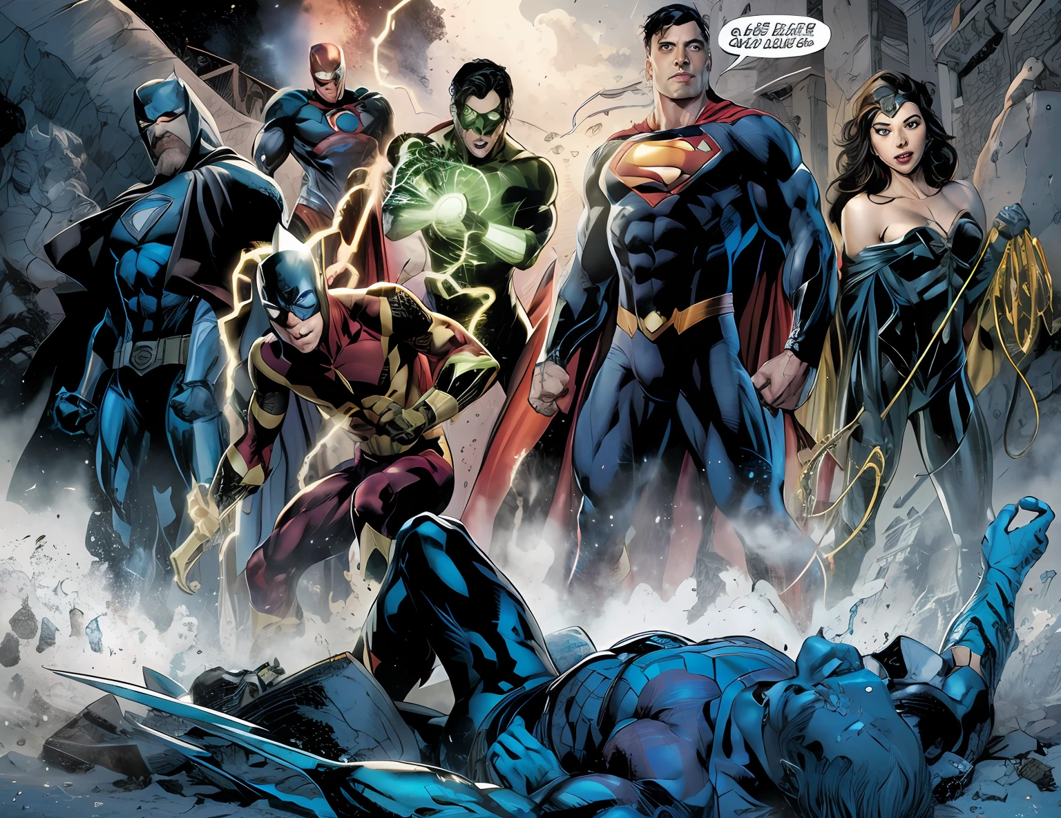 a close up of a comic book with a bunch of people, jason fabok, Neal Adams | Centrado, jason fabok. Greg Grampos, inspirado em Jim Lee, Estilo DC Comics, DC Quadrinhos, in the justice league, Estilo da DC Comics, sem texto, Filipe Jimenez, color spread, DC Quadrinhos, Universo DC, Neal Adams | Escuro, justice league --auto