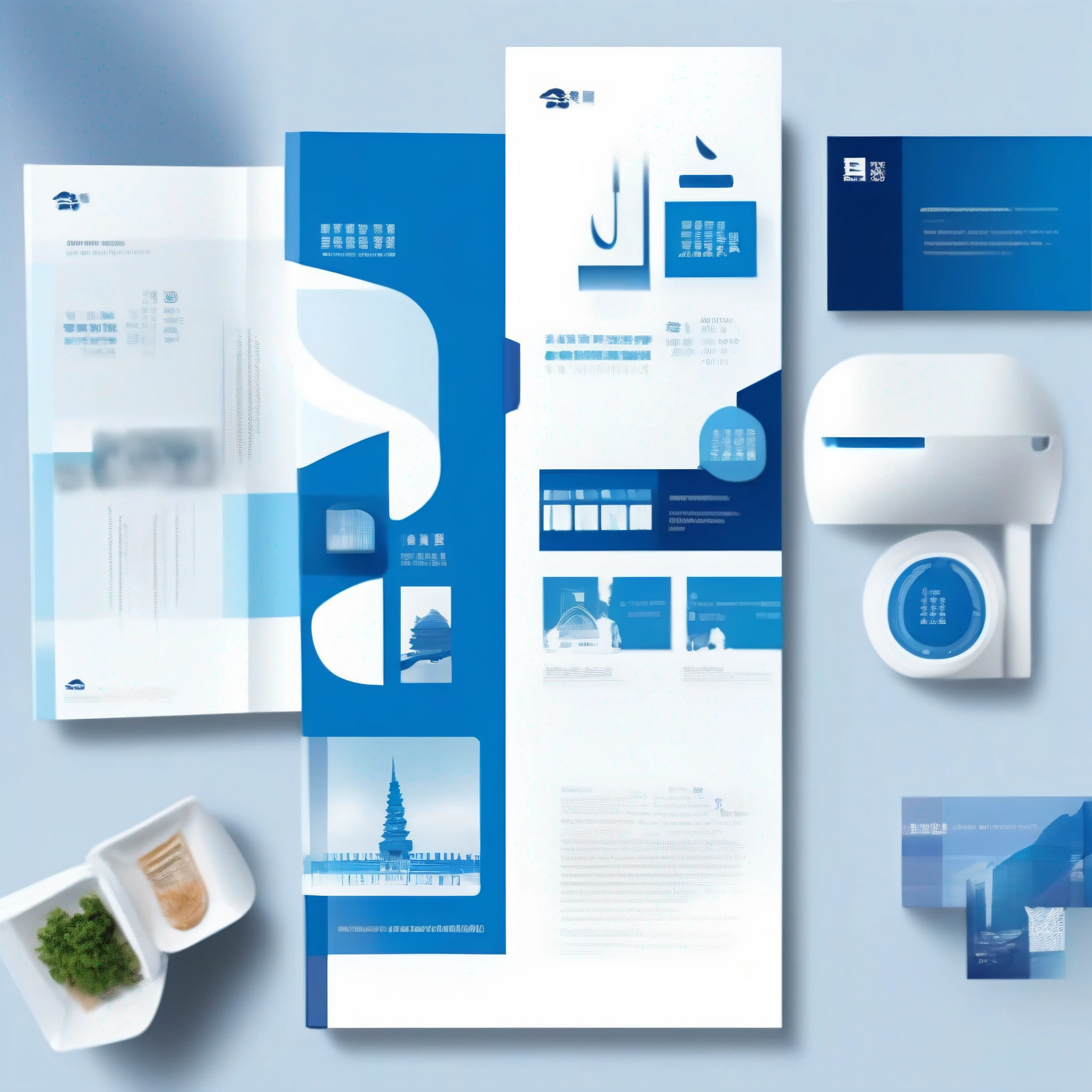 In a minimalist style,Create a brochure with a blue and white design,Add graphic design elements,With a clean and simple design、Layout design and modern avant-garde graphic design elements,Output as a single page --auto