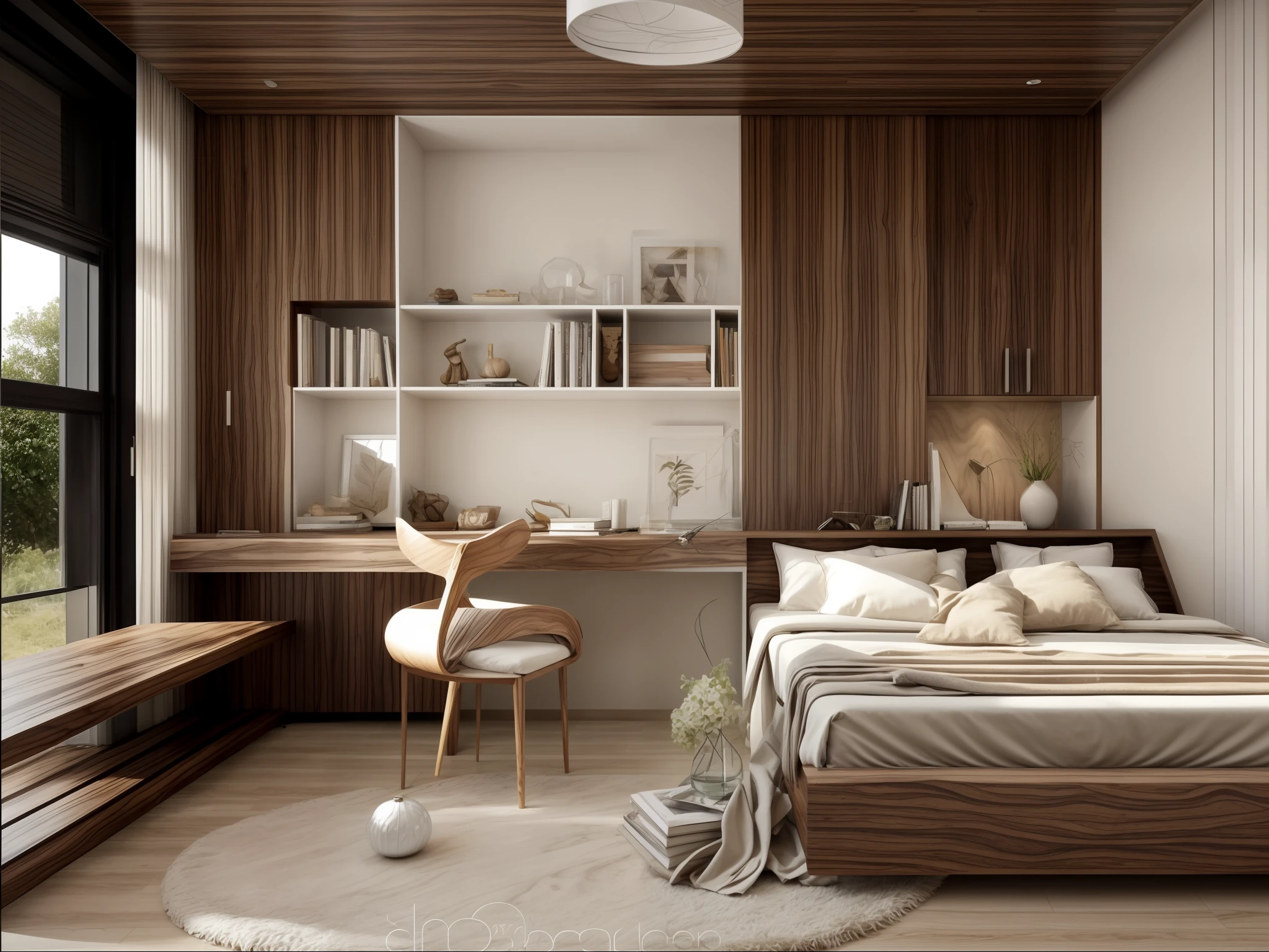 "(bedroom design)+[natural lighting:1.2], (walnut texture wood panel:1.1), minimalist, sleek, modern, (white acrylic panel:1.2), white wall, the wall has a lintel elegant ambiance, sophisticated, inviting atmosphere."
