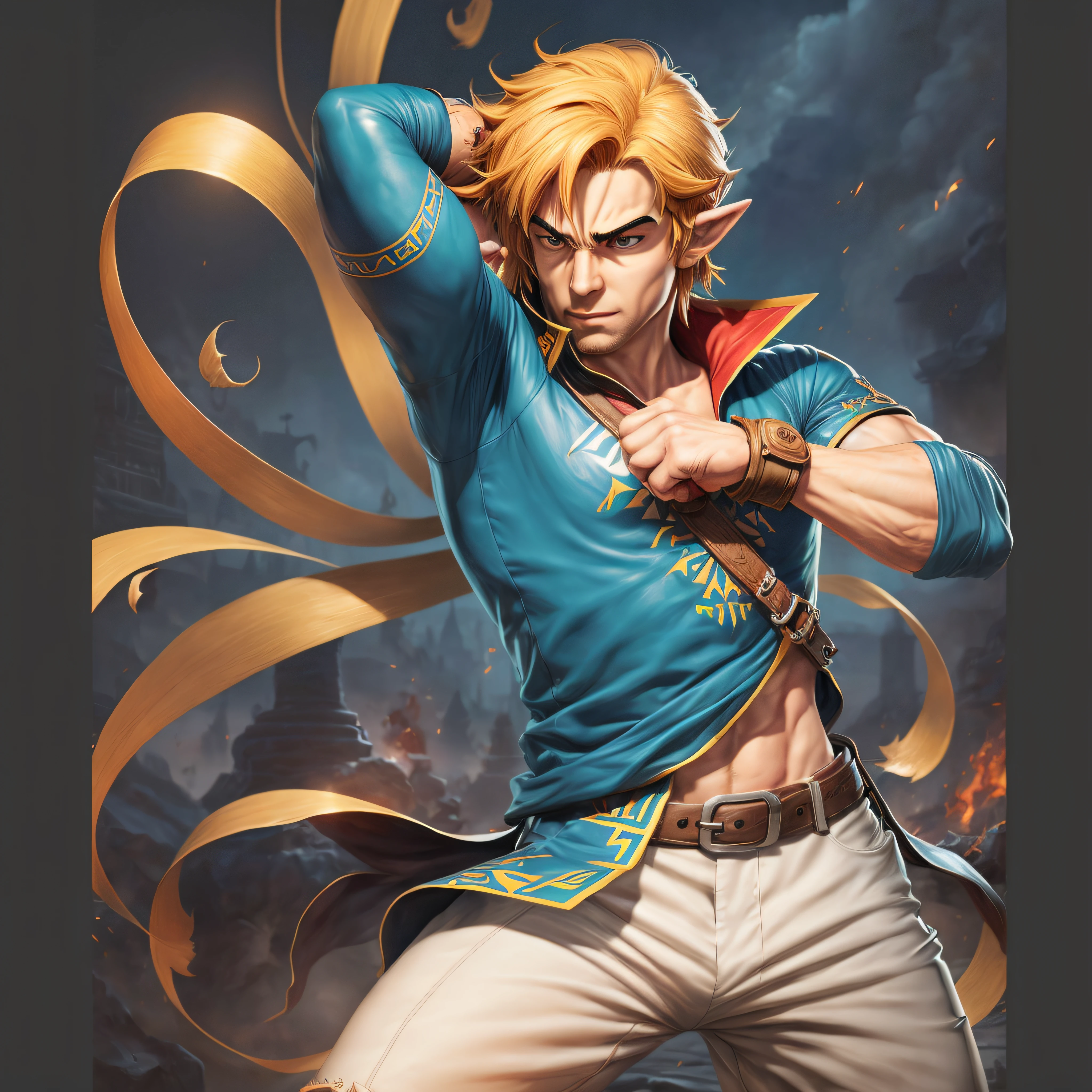 link, personagem do game Zelda, in fantastic poses inspired by the game Street Fighter 2.